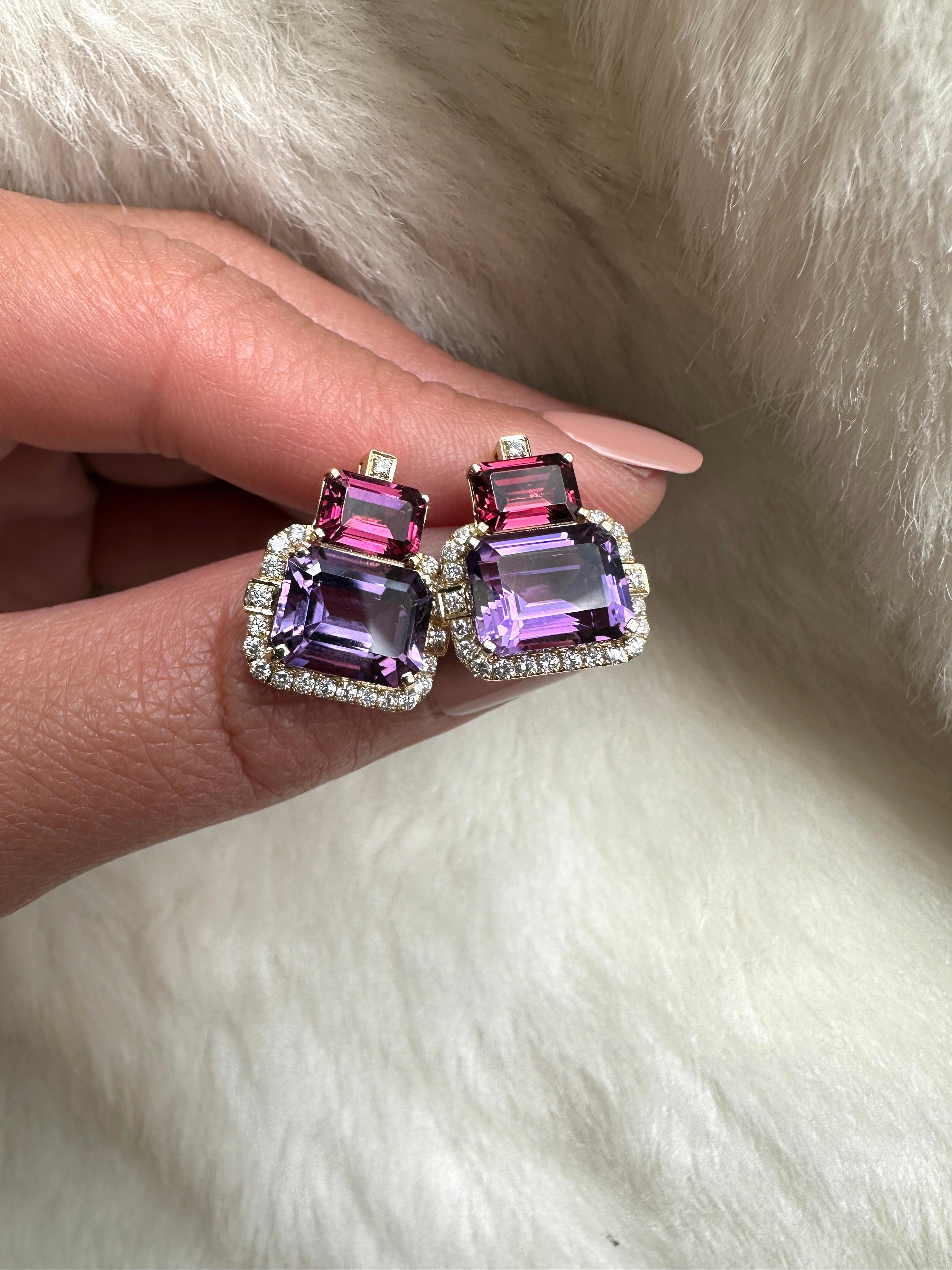 2 Stone Amethyst and Garnet with Diamonds Earrings In New Condition For Sale In New York, NY
