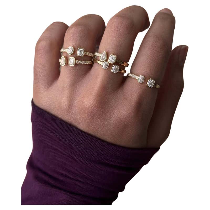 Customizable 14k Solid Yellow Gold Off-Center Set Multi Stone Stackable ...