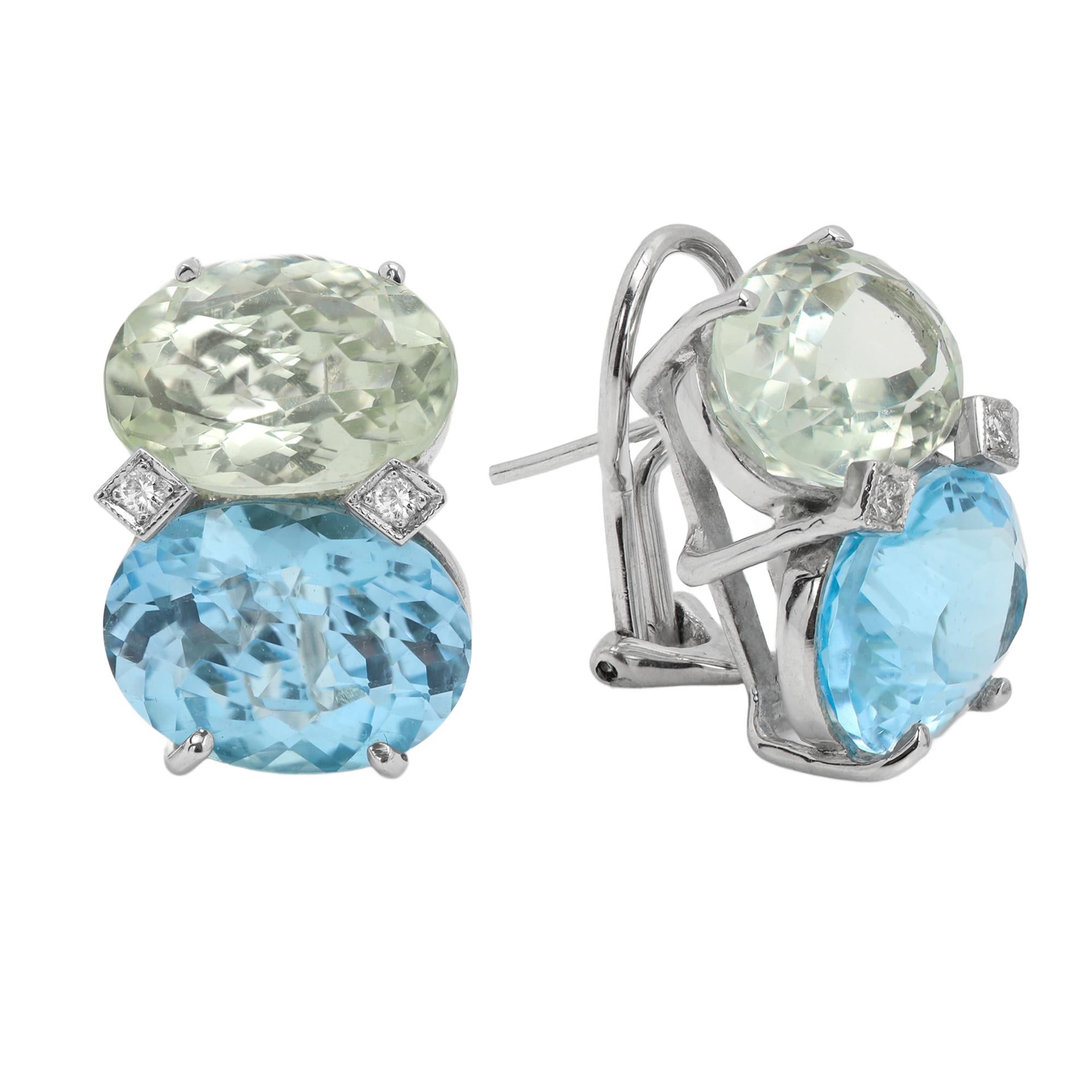 New Two Stone Earring Studs
Pretty Large Stones
Impressive Statement 
14k White Gold Approx 16.0 total
Natural Blue Topaz Oval Shape approx 23.0 carat (20 x 12 mm)
Natural Green Amethyst Oval Shape Approx 10.carat (19 x 10 mm)
few small natural