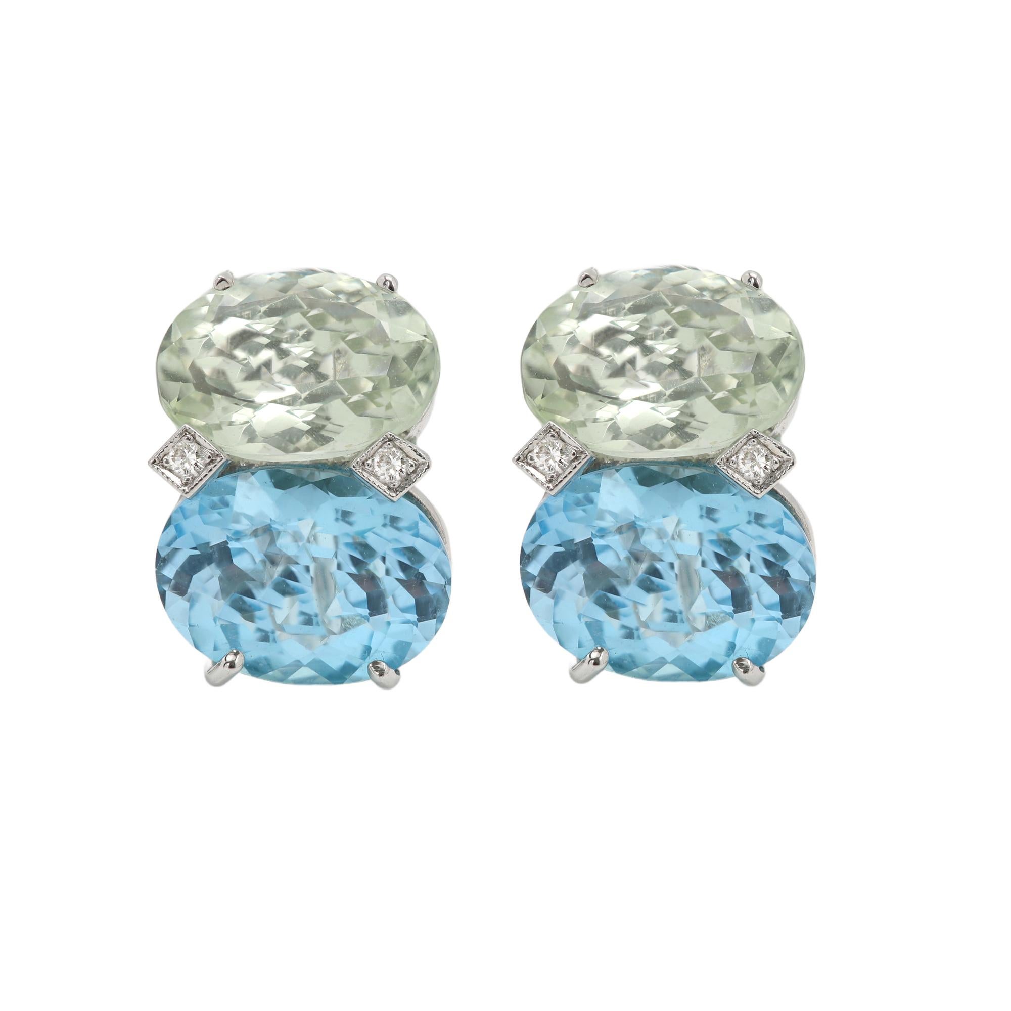 Oval Cut 2 Stone Earrings Large  Blue Topaz and Green Amethyst Two Stone Studs 14 Karat For Sale