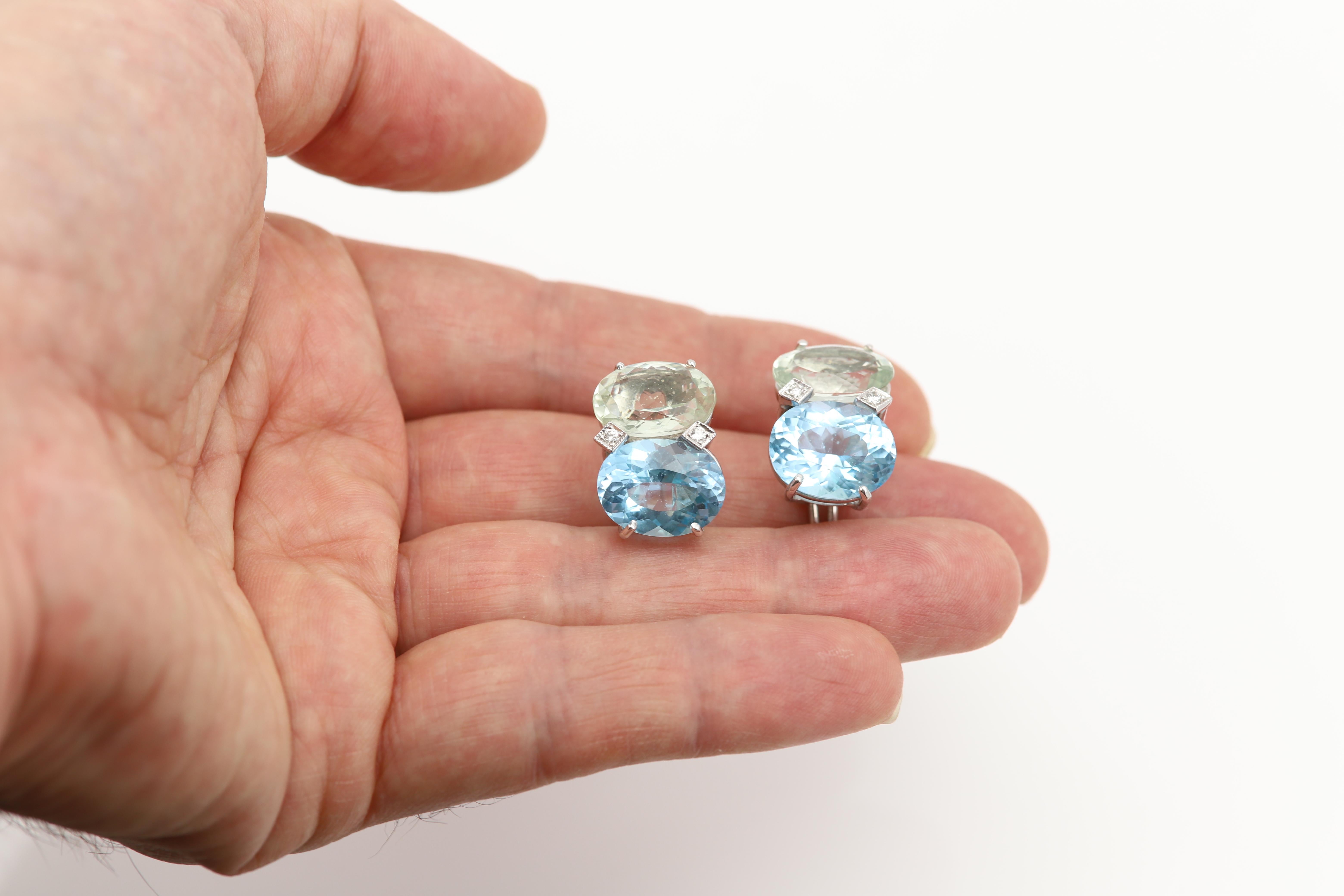 2 Stone Earrings Large  Blue Topaz and Green Amethyst Two Stone Studs 14 Karat For Sale 1