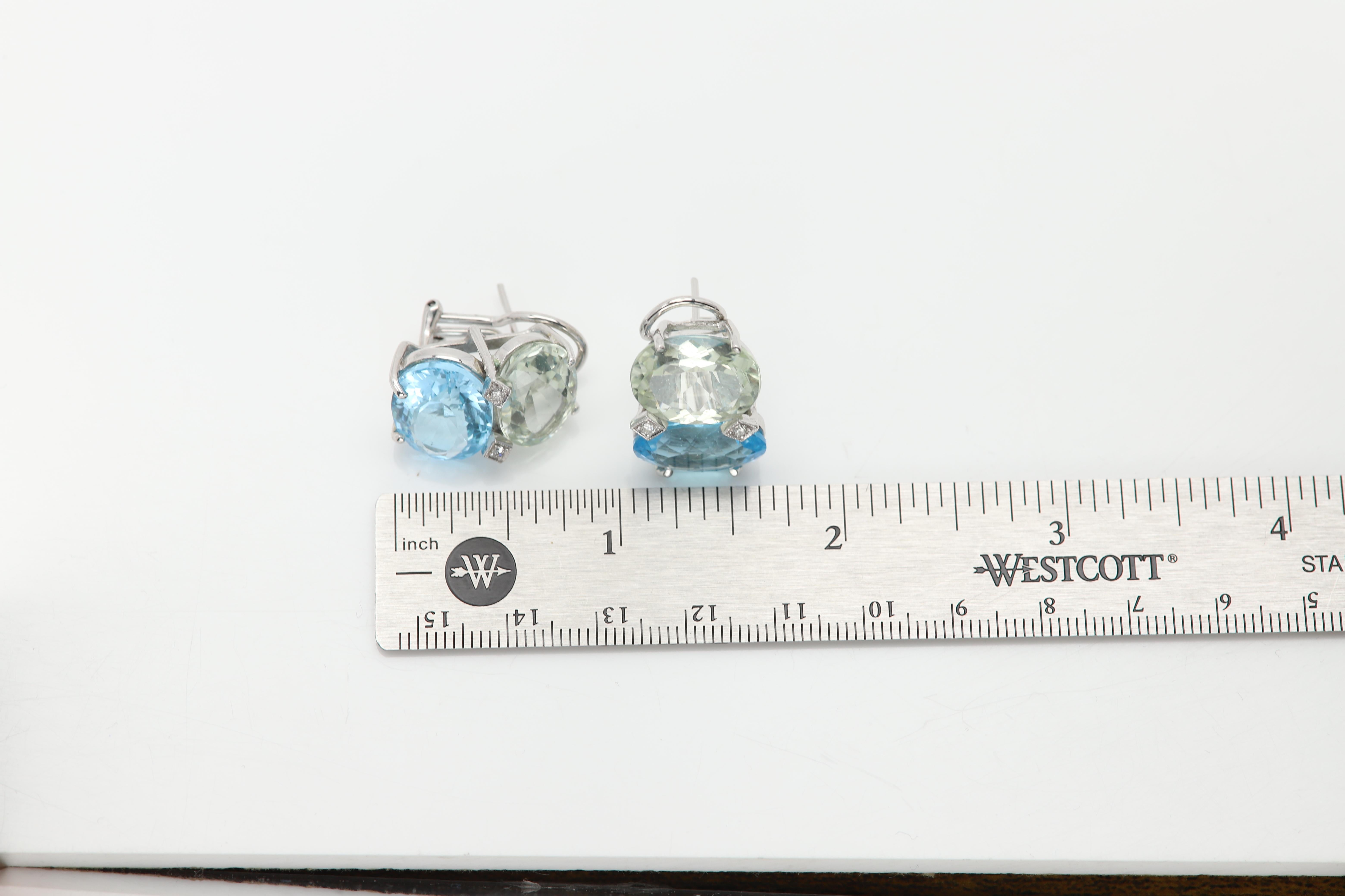 2 Stone Earrings Large  Blue Topaz and Green Amethyst Two Stone Studs 14 Karat For Sale 2