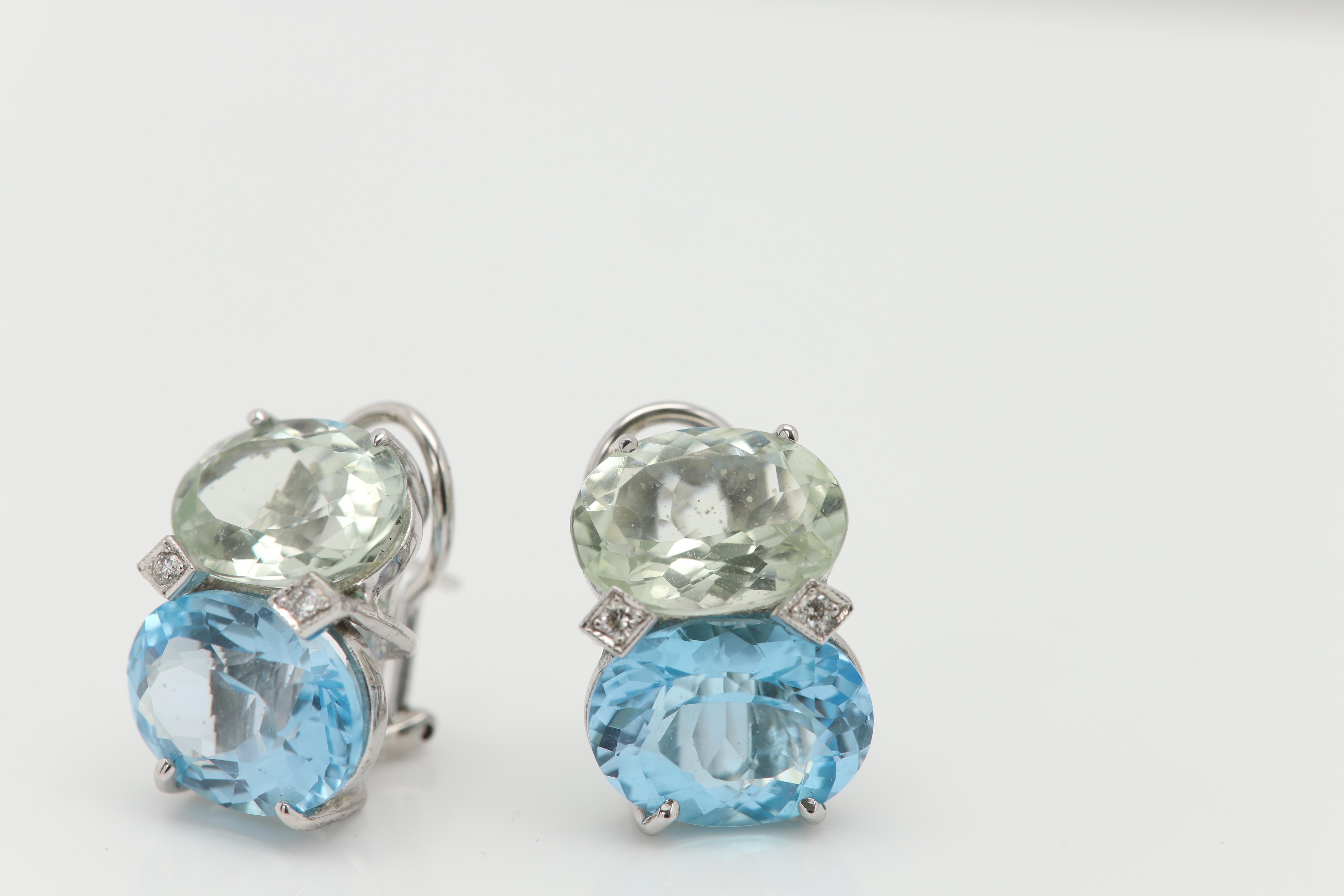 2 Stone Earrings Large  Blue Topaz and Green Amethyst Two Stone Studs 14 Karat For Sale 3