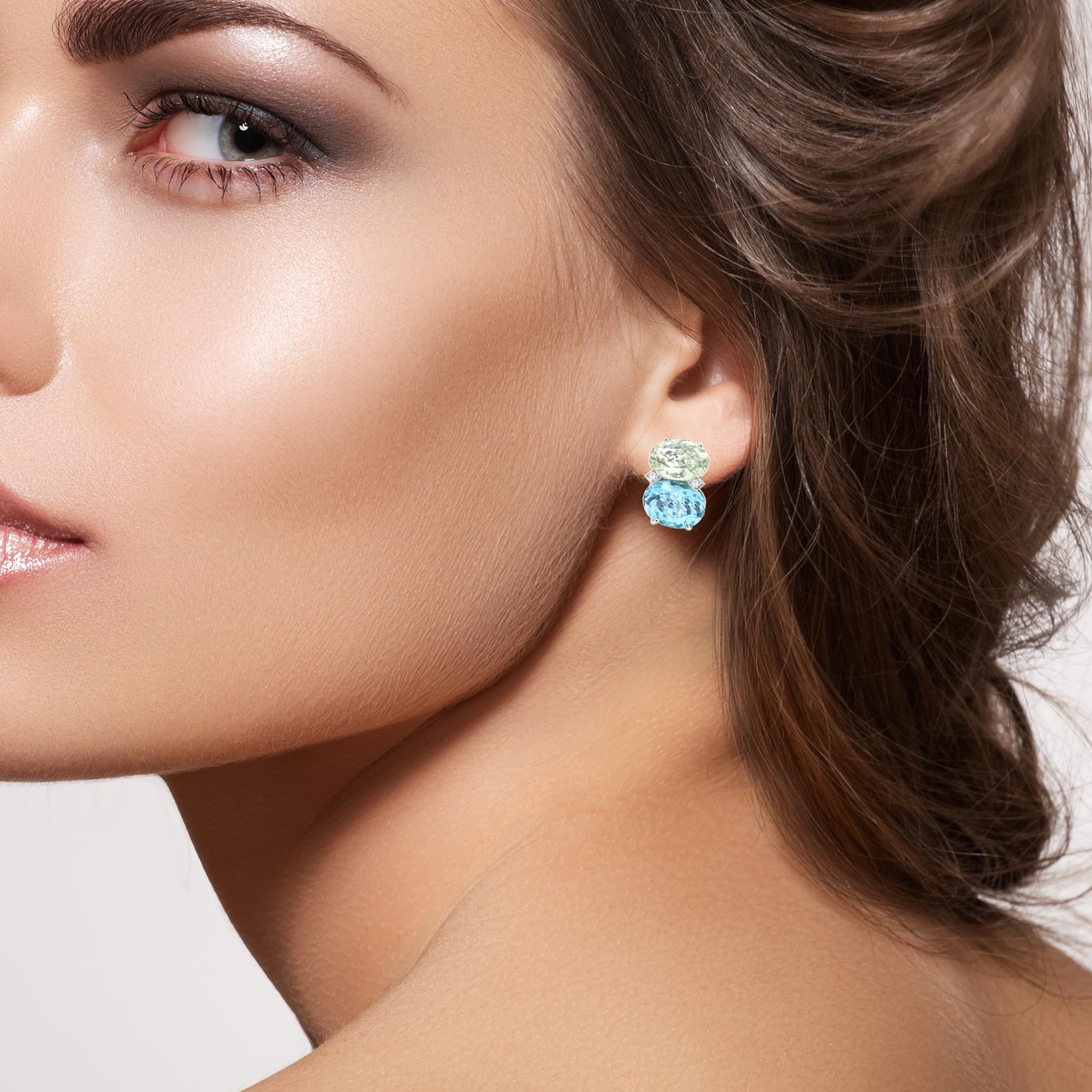 2 Stone Earrings Large  Blue Topaz and Green Amethyst Two Stone Studs 14 Karat For Sale 4