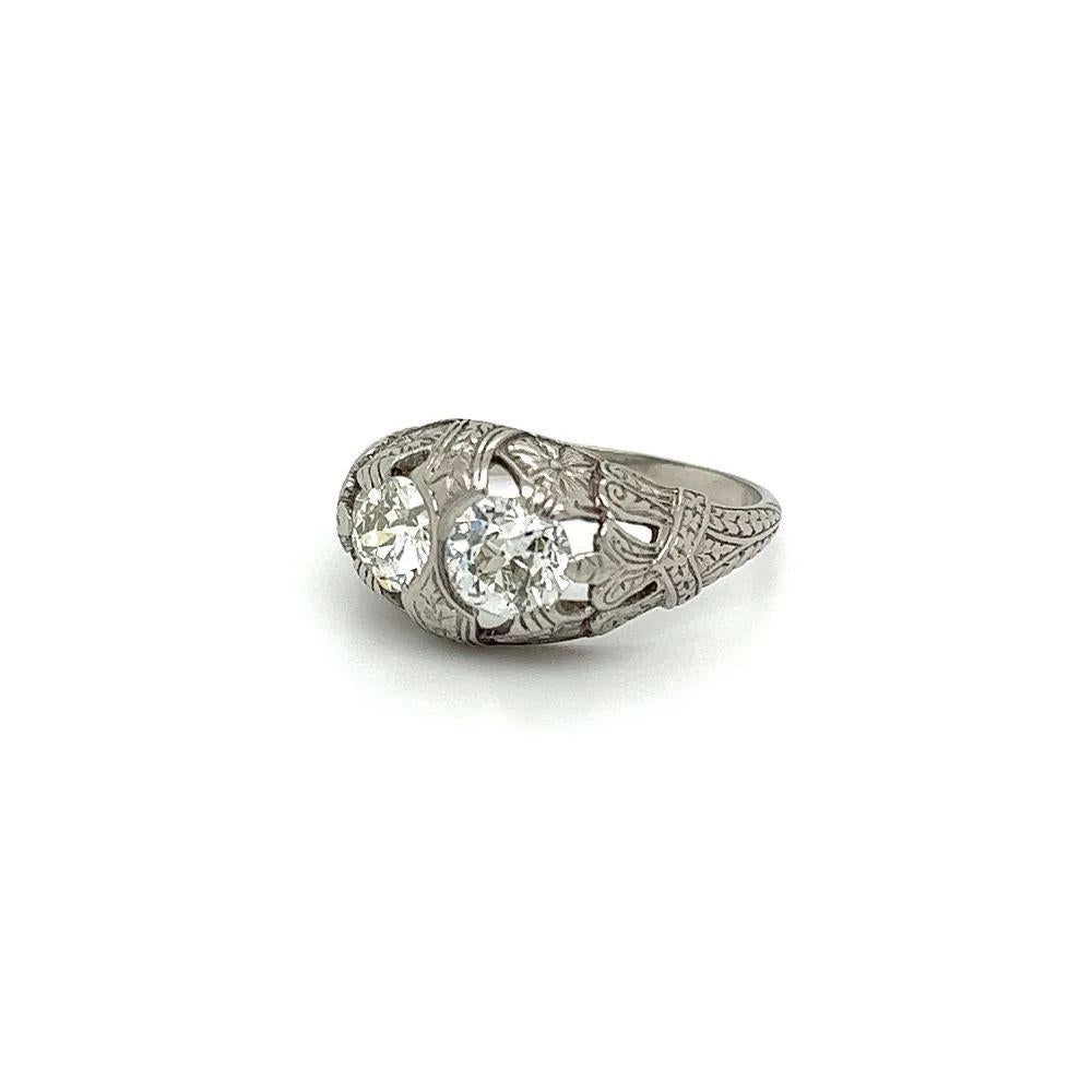 2-Stone Old European Cut Diamond Vintage Art Deco Platinum Ring For Sale 1