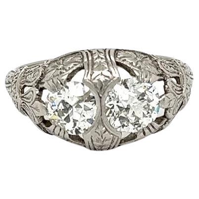 2-Stone Old European Cut Diamond Vintage Art Deco Platinum Ring For Sale