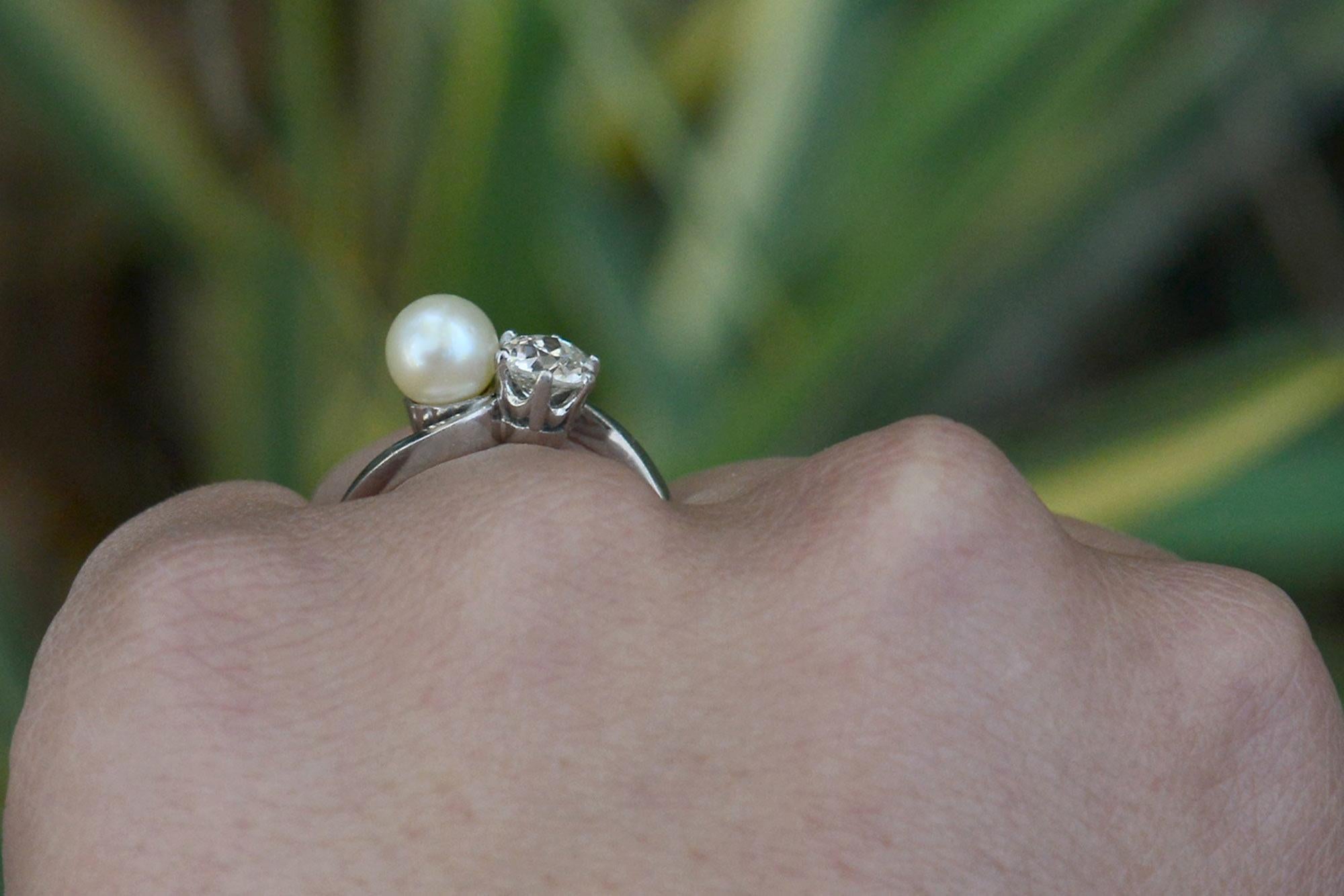 2 Stone Pearl Diamond Art Deco Engagement Ring In Good Condition In Santa Barbara, CA