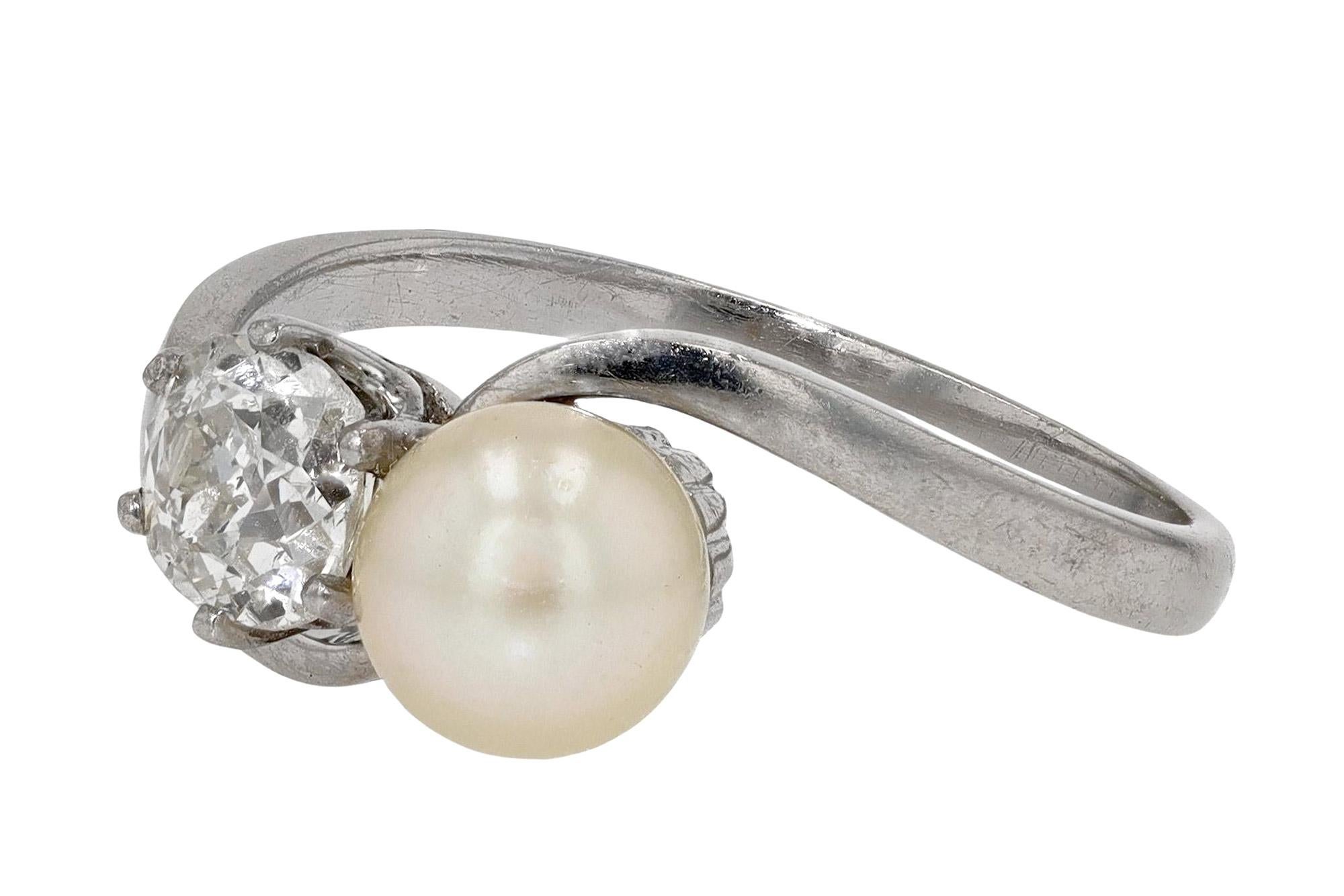 Verlobungsring mit 2 Steinen, Perle und Diamant im Art déco-Stil Damen