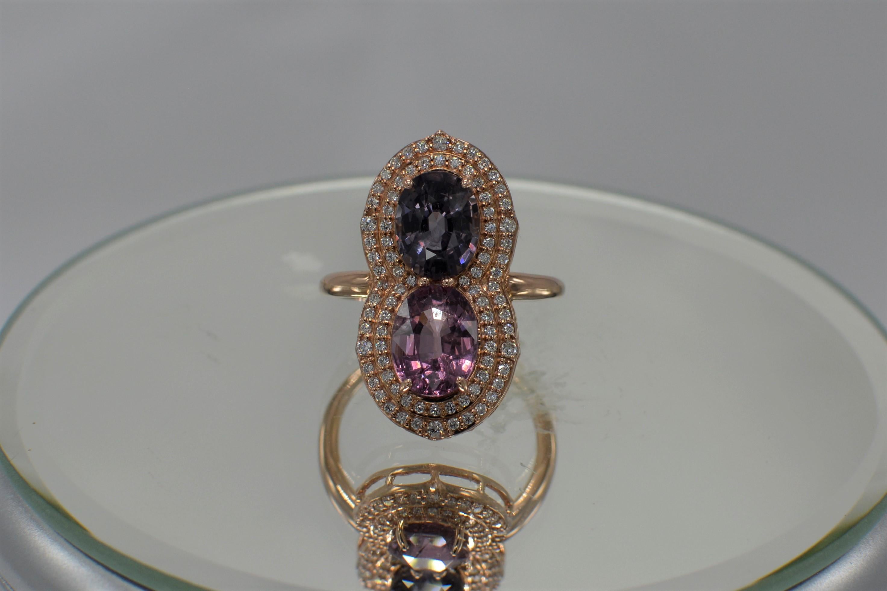 Women's Pink & Blue Natural Spinel Gemstones Cocktail Spinel Ring 14 Karat Rose Gold For Sale