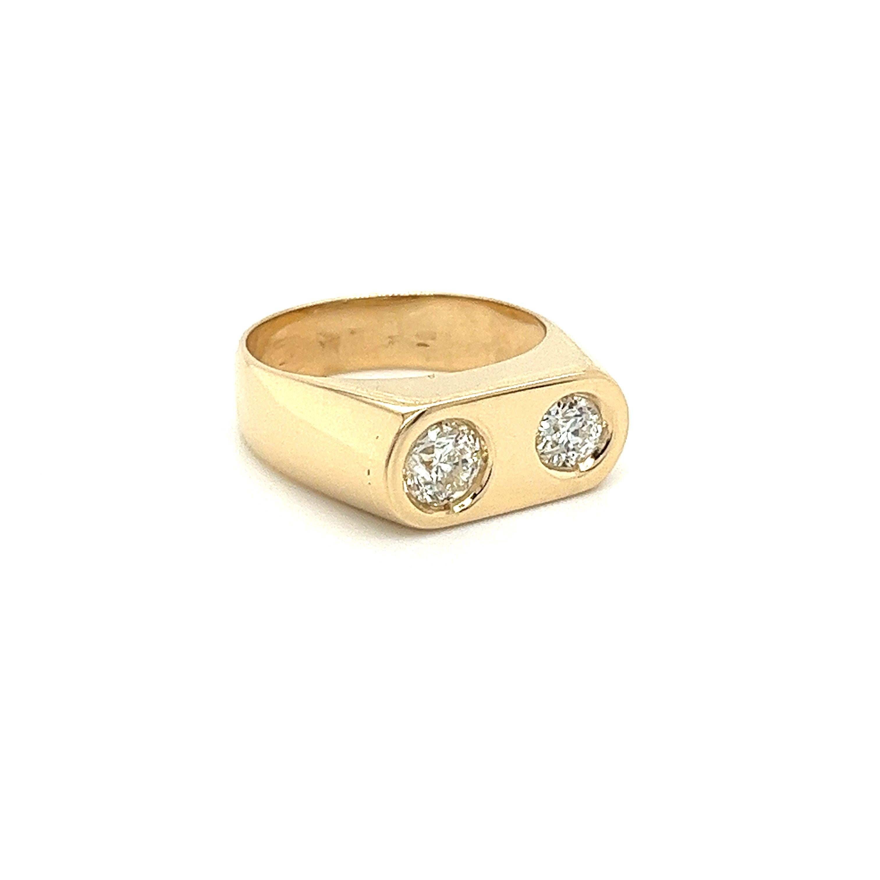Women's or Men's 2 Stone Round Cut Bezel Set Diamond Ring in 18k Yellow Gold For Sale