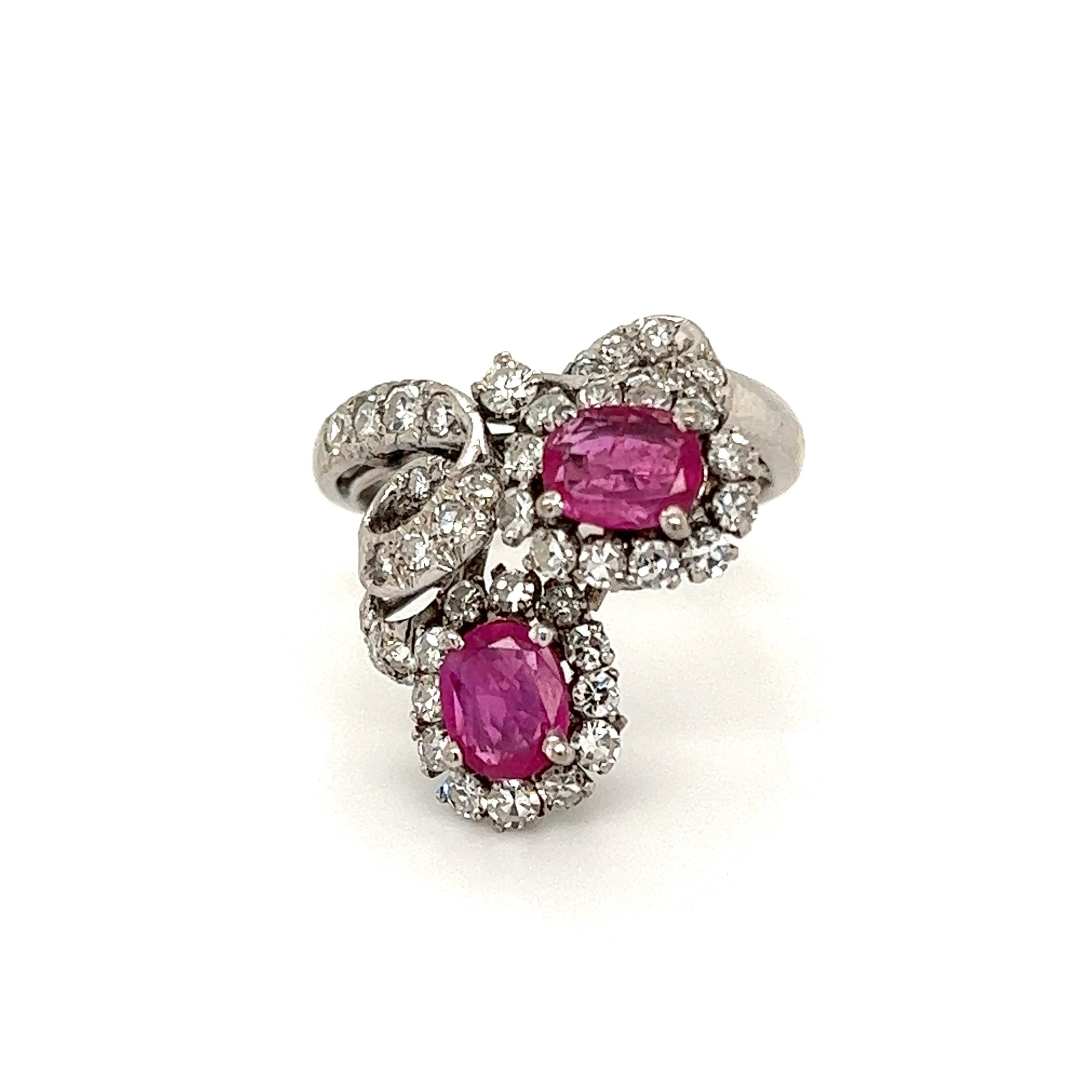 Mixed Cut Vintage 2-Stone Ruby and Diamond Gold Cocktail Ring For Sale