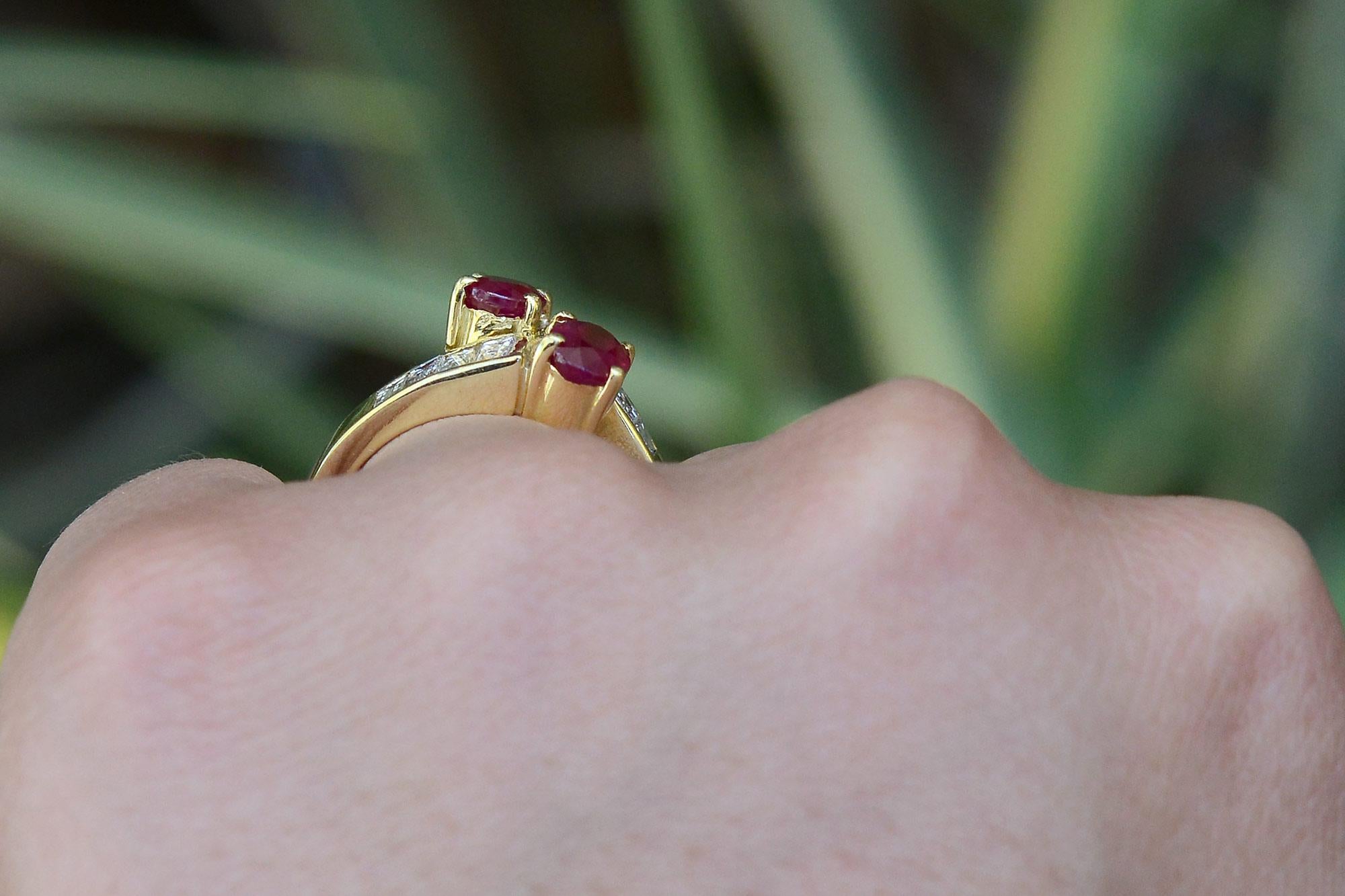 Oval Cut 2 Stone Toi Et Moi Diamond & Ruby Engagement Ring For Sale