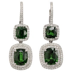 2-Stone Tsavorite Drop Earrings with Double Diamond Halos in 18k White Gold