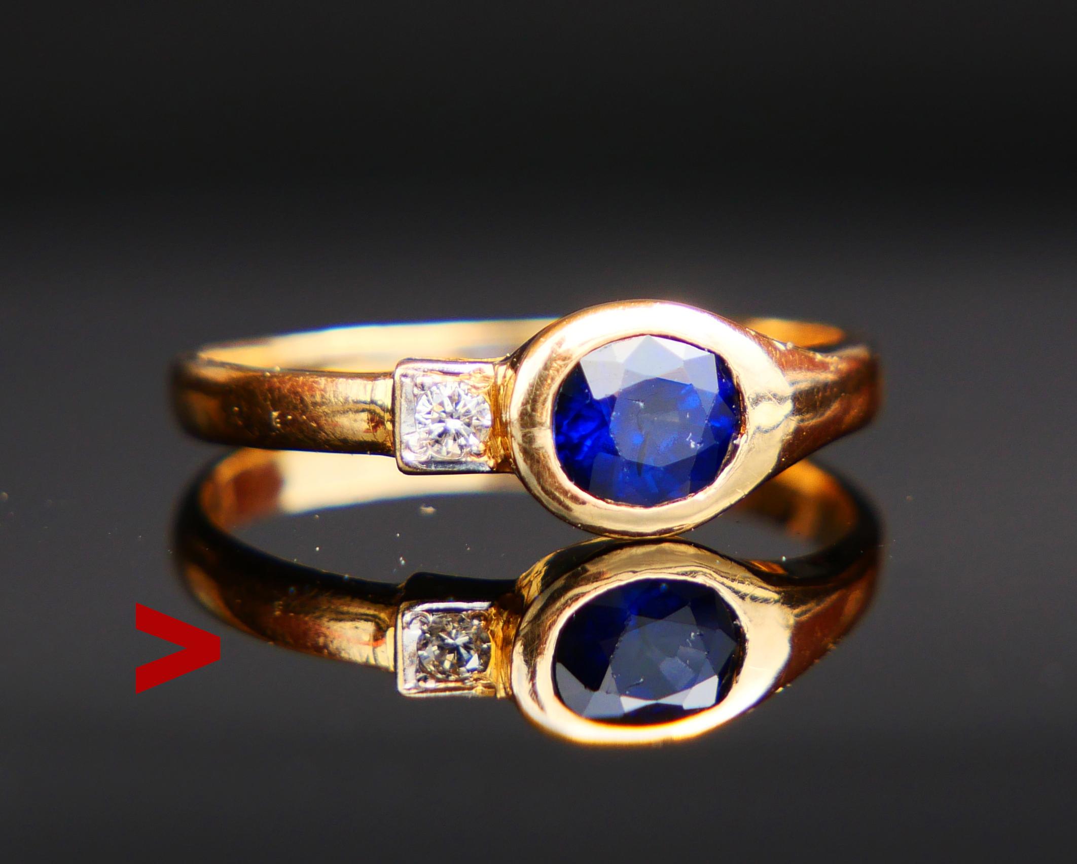 Beautiful Two - stones Ring with bezel set natural Blue Sapphire stone oval cut 5.5 mm x 4.5 mm x 3.2 mm deep / ca. 0.6 ct. and square pave set old diamond cut natural Diamond Ø 2mm / 0.04ct / H,I / VS. Sapphire is natural of darker Blue color .