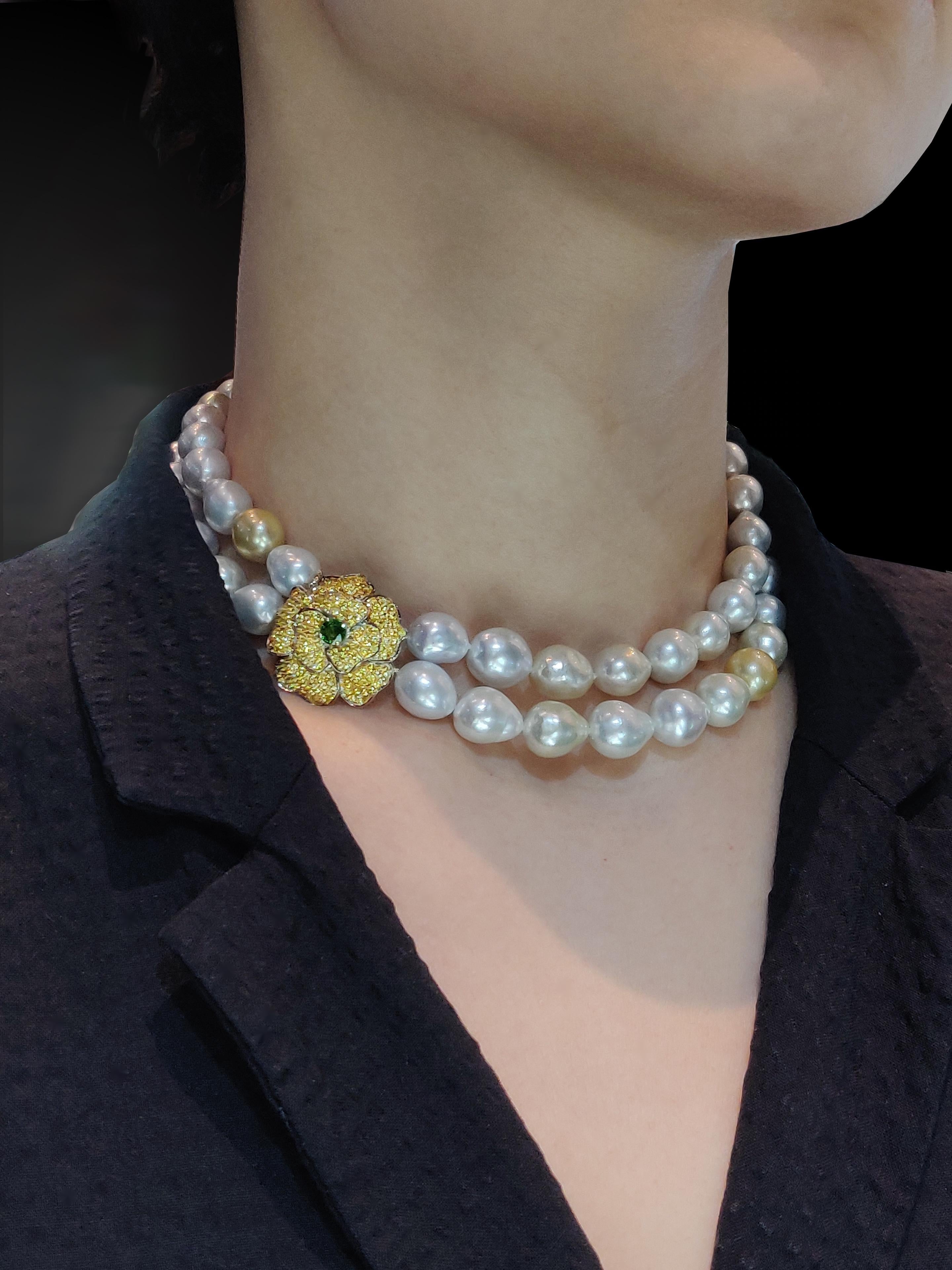 Double Strand Baroque Golden and Silver South Sea Pearl Choker Necklace Embellished with Tsavorite and Yellow Sapphire Flower Motif in 18K Gold 

Gold: 18K Gold, 14.04 g
Yellow Sapphire: 3.47 ct
Tsavorite: 0.48 ct
South Sea Pearls: 60 pieces, 9-12