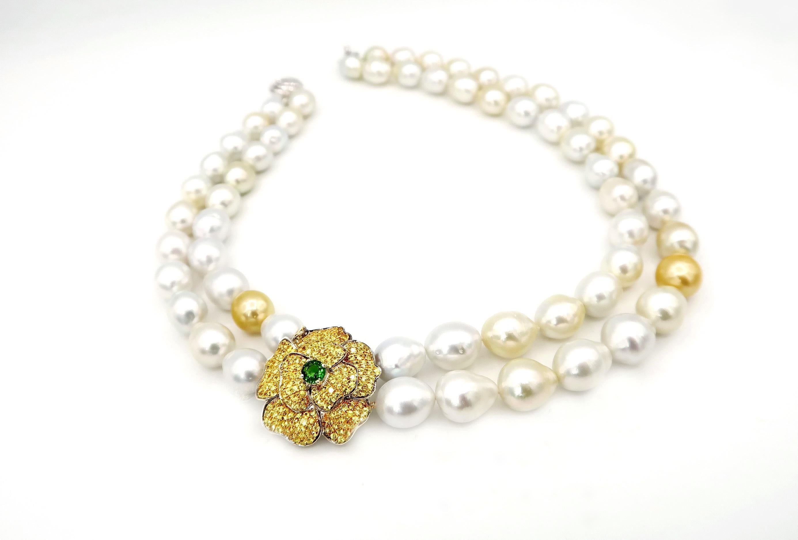 Round Cut 2 Strand Baroque Golden & Silver South Sea Pearl Yellow Sapphire Flower Necklace For Sale