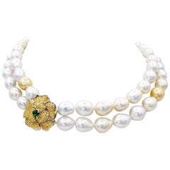 2 Strand Baroque Golden & Silver South Sea Pearl Yellow Sapphire Flower Necklace