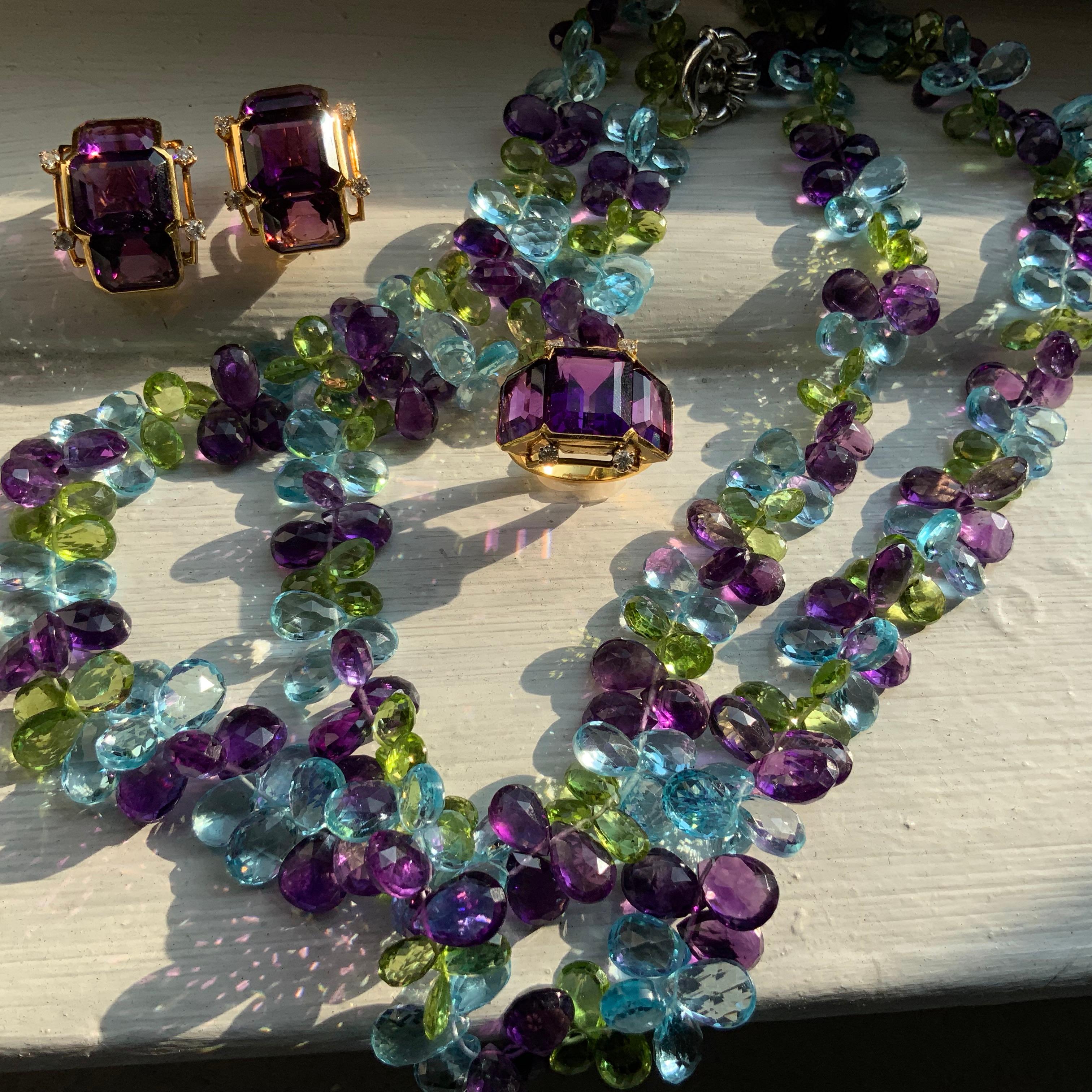 Contemporary 2-Strand Briolette Necklace with Blue Topaz, Peridot and Amethyst For Sale