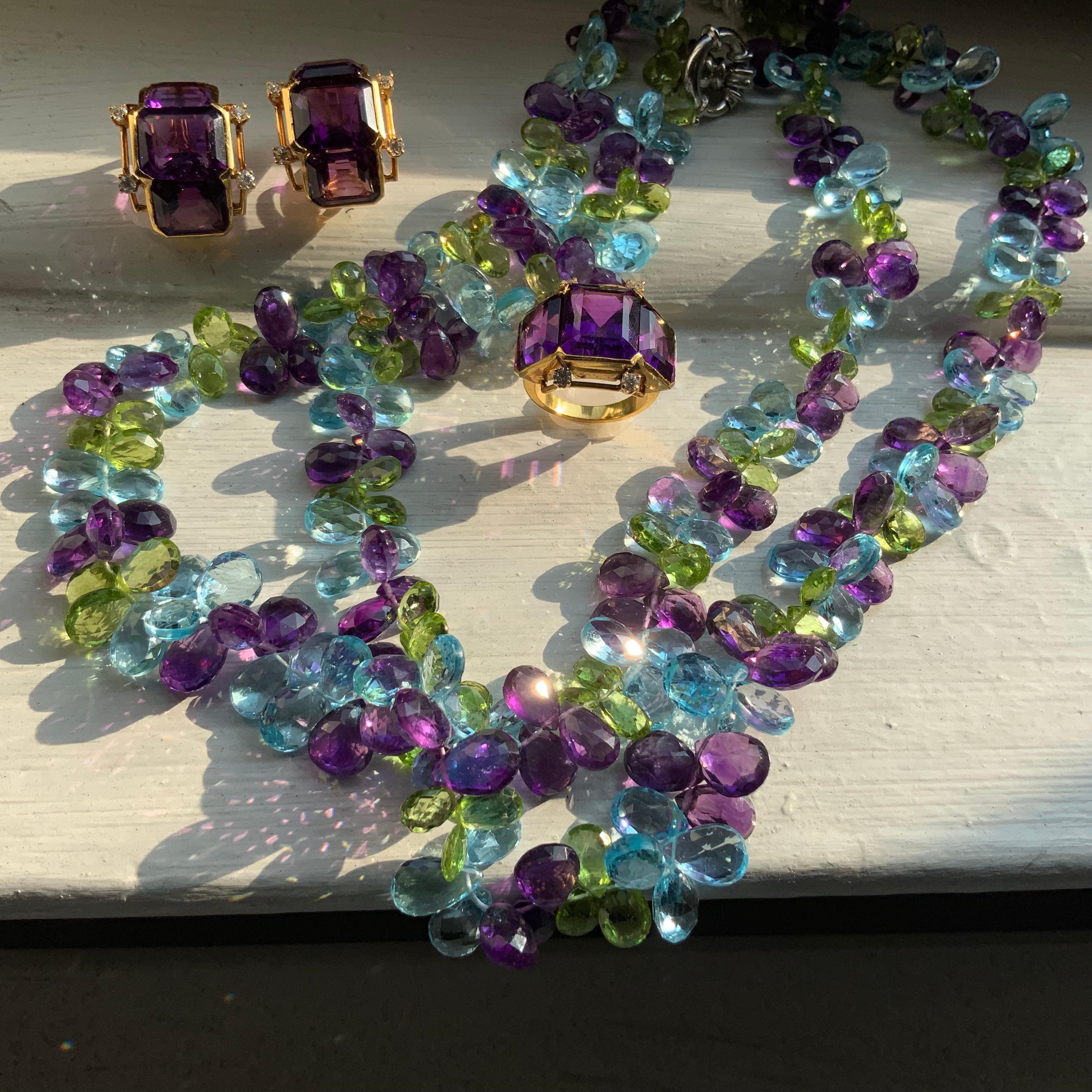 2-Strand Briolette Necklace with Blue Topaz, Peridot and Amethyst In New Condition For Sale In New York, NY