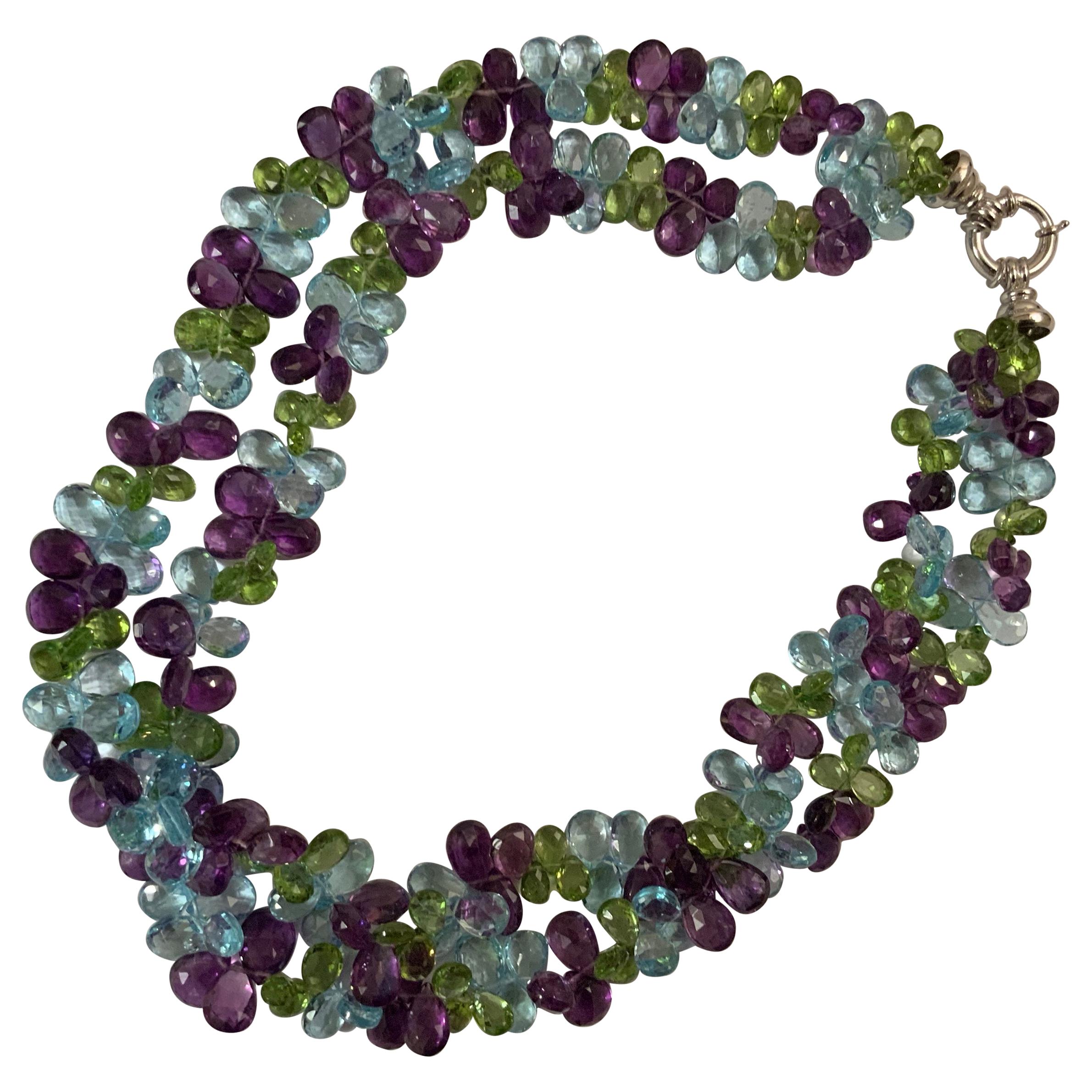 2-Strand Briolette Necklace with Blue Topaz, Peridot and Amethyst For Sale