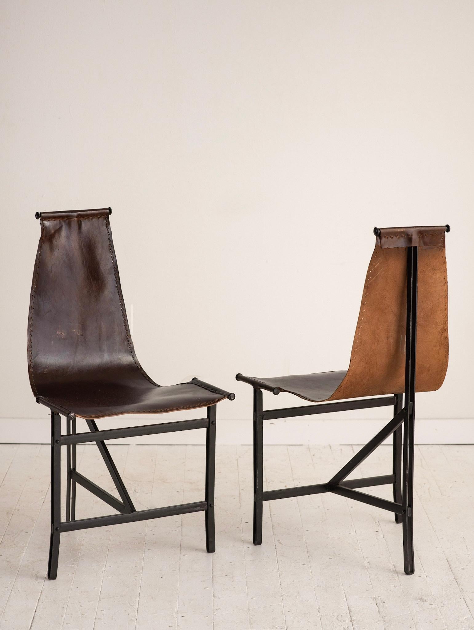 Rustic 2 Studio Made Leather and Iron T, Chairs in the Style of Katavolos for Laverne