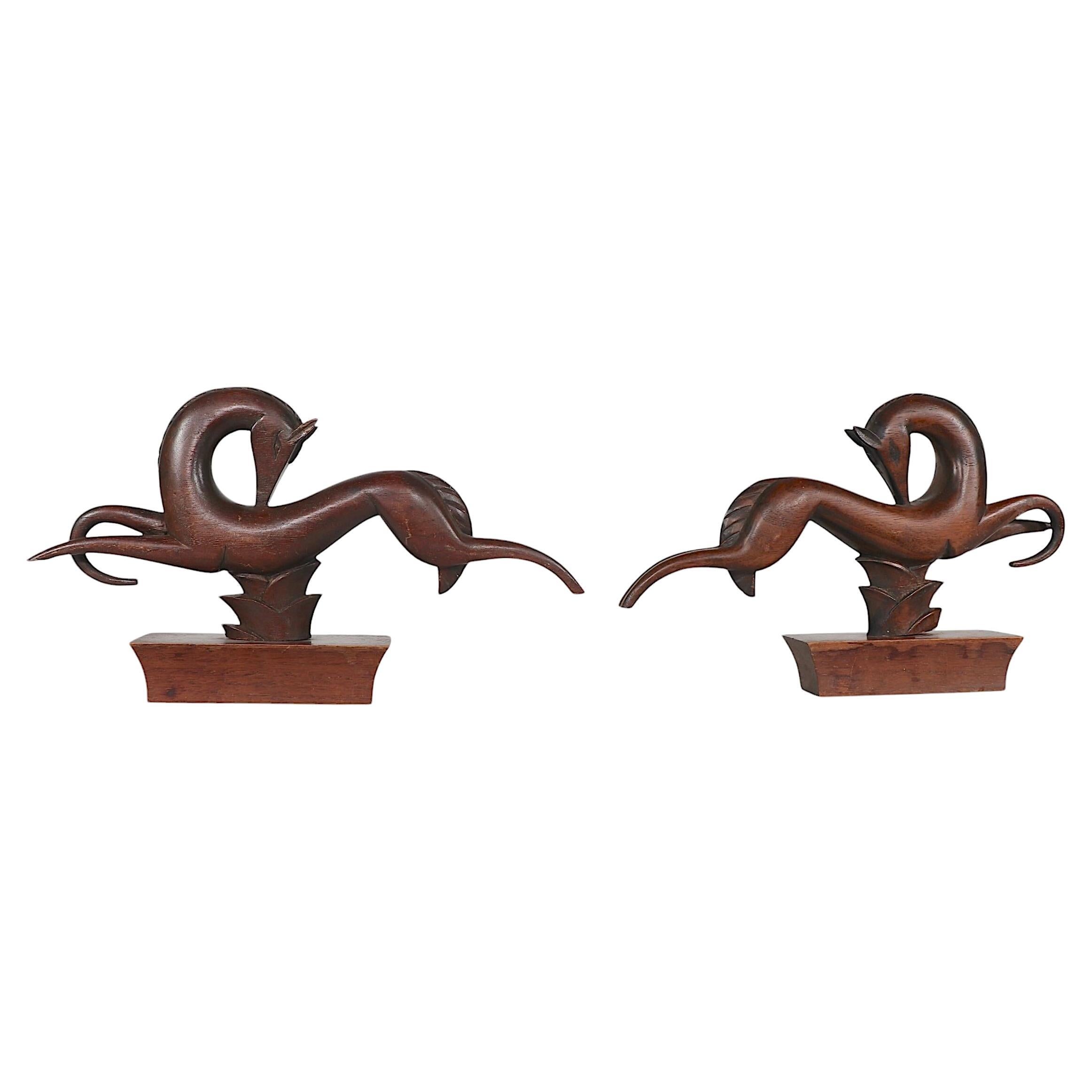 2 Stylized Art Deco Horse  Wood Carvings by Edig Hackner of LaCrosse Wi. 1920/30