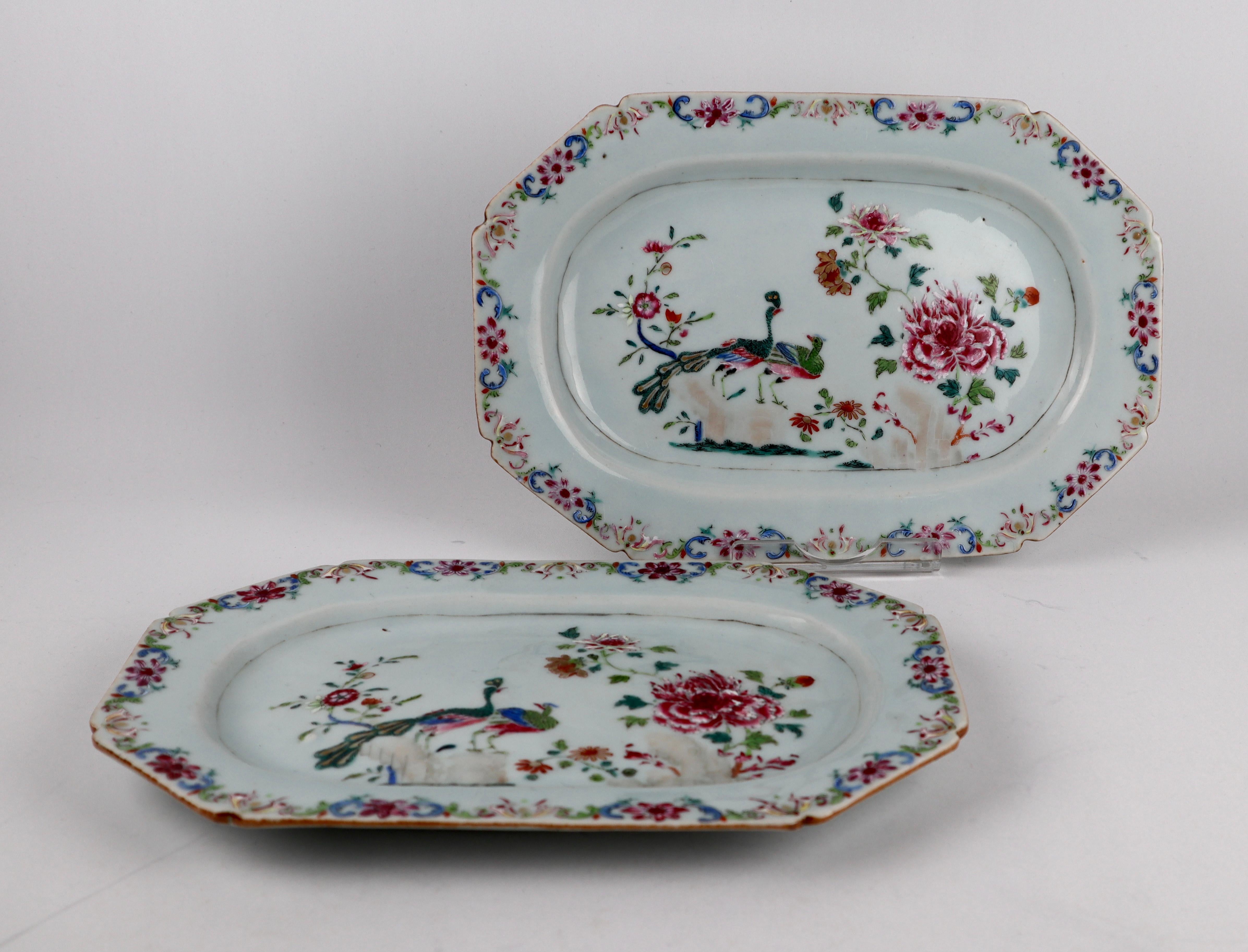 Chinese Export 2 Superb Chinese 18th Porcelain Double Peacock Platter Famille Rose Qianlong