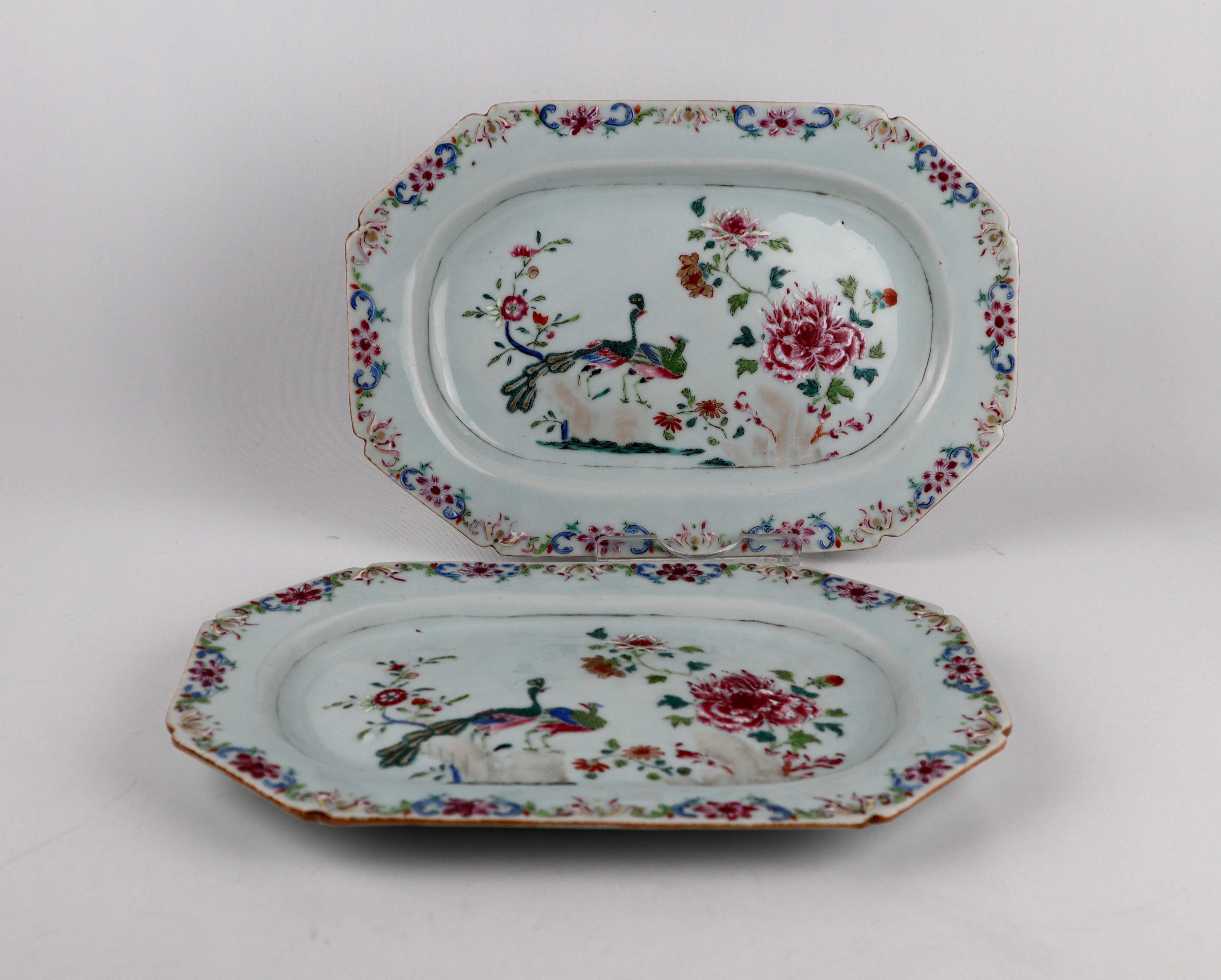 2 Superb Chinese 18th Porcelain Double Peacock Platter Famille Rose Qianlong In Good Condition In London, GB