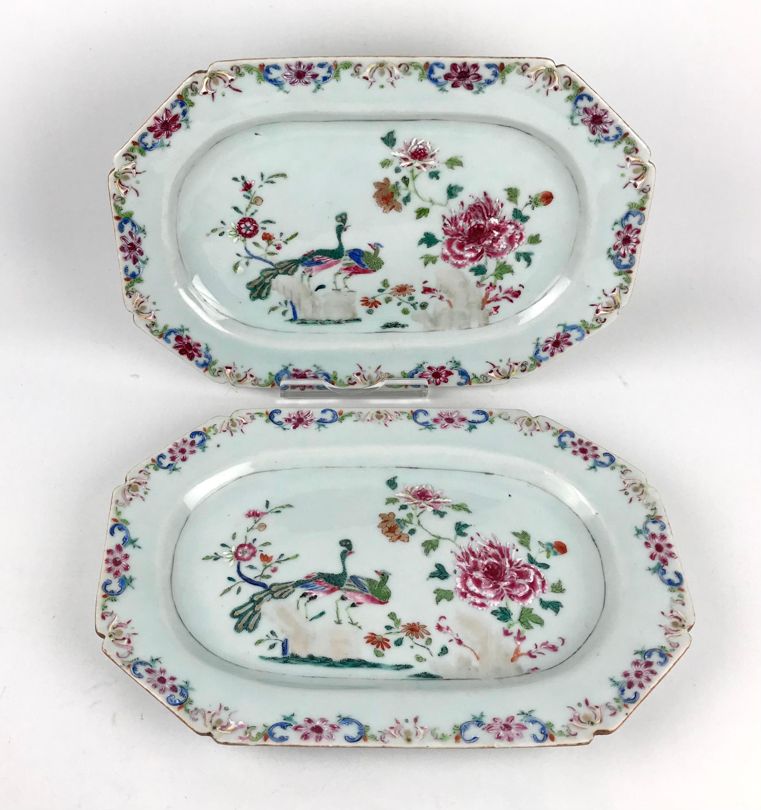 18th Century and Earlier 2 Superb Chinese 18th Porcelain Double Peacock Platter Famille Rose Qianlong