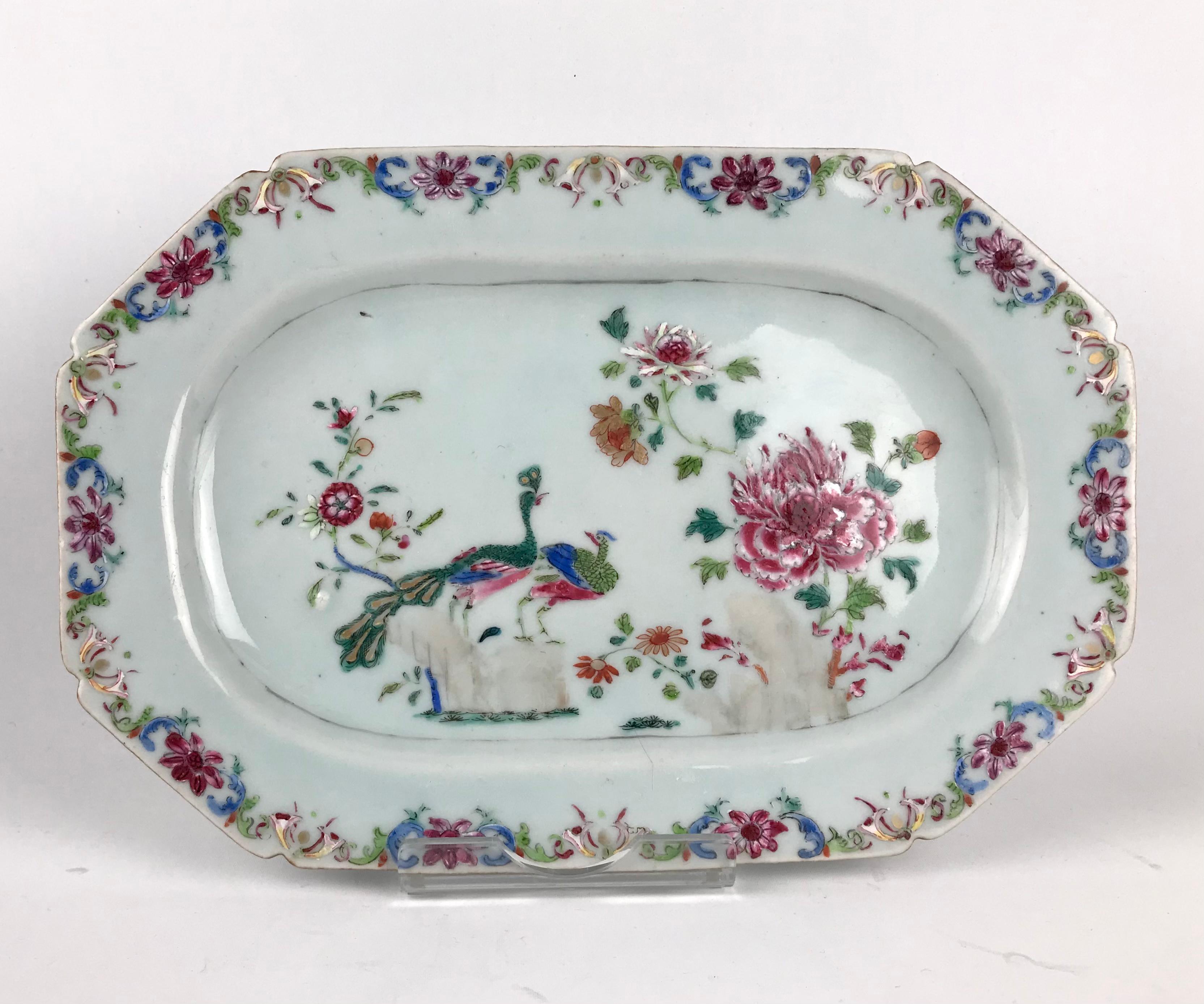2 Superb Chinese 18th Porcelain Double Peacock Platter Famille Rose Qianlong 1