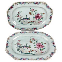 2 Superb Chinese 18th Porcelain Double Peacock Platter Famille Rose Qianlong