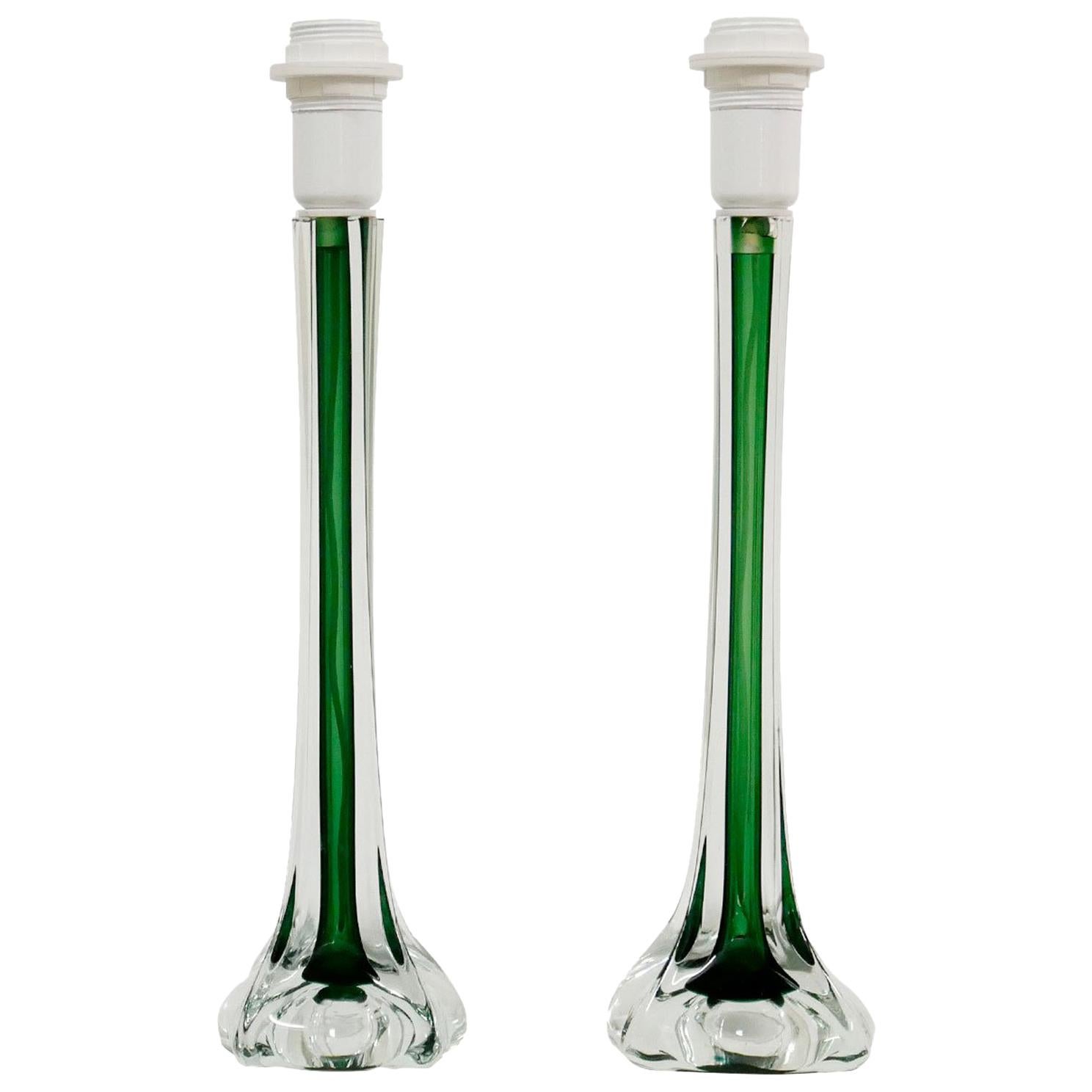 2 Swedish Green Art Glass Lamps by Paul Kedelv for Flygsfors, 1950s For Sale