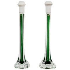 2 Swedish Green Art Glass Lamps by Paul Kedelv for Flygsfors, 1950s