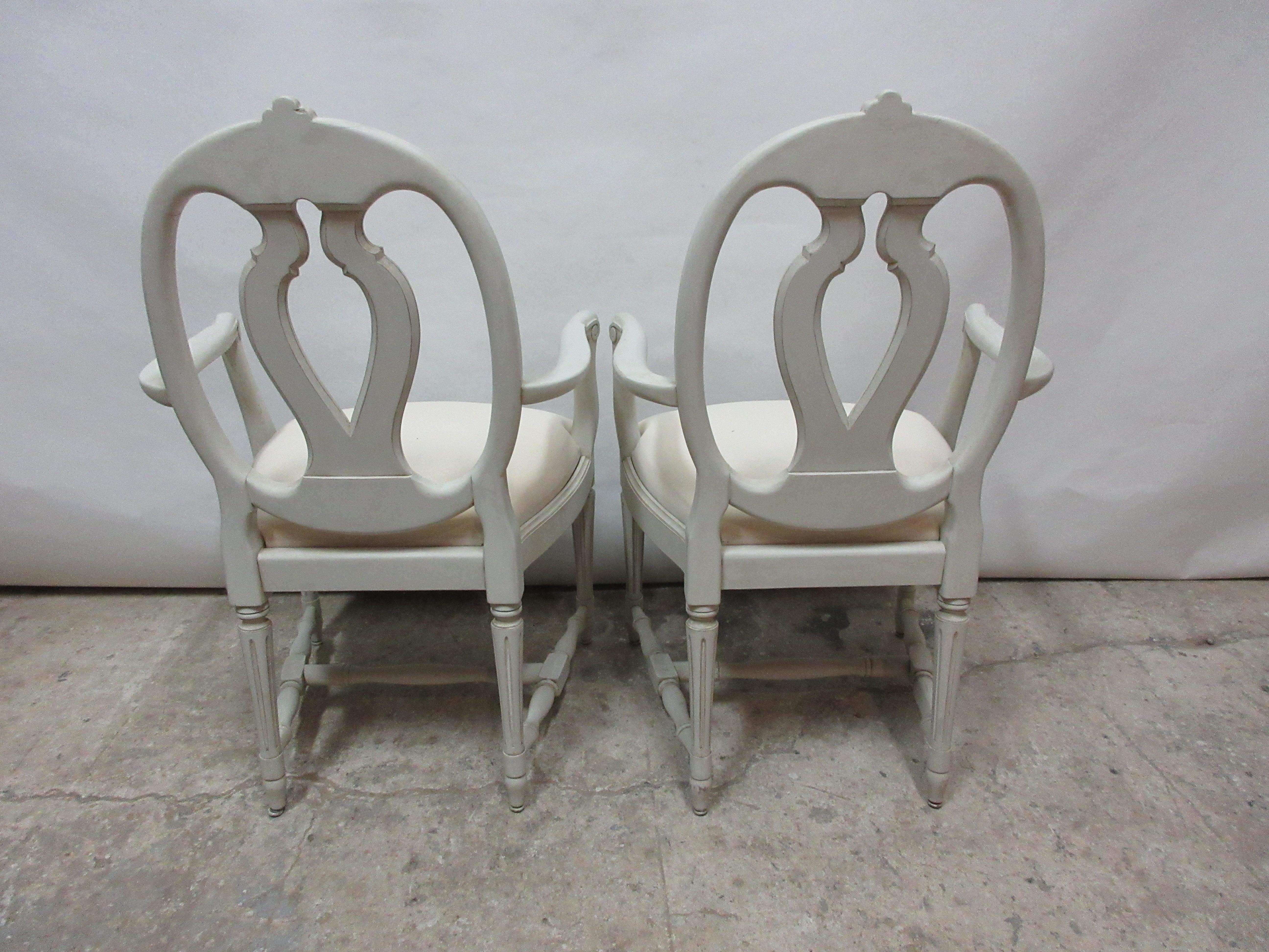 This is a set of 2 Swedish Gustavian armchairs . They have been restored and repainted with Milk paints 