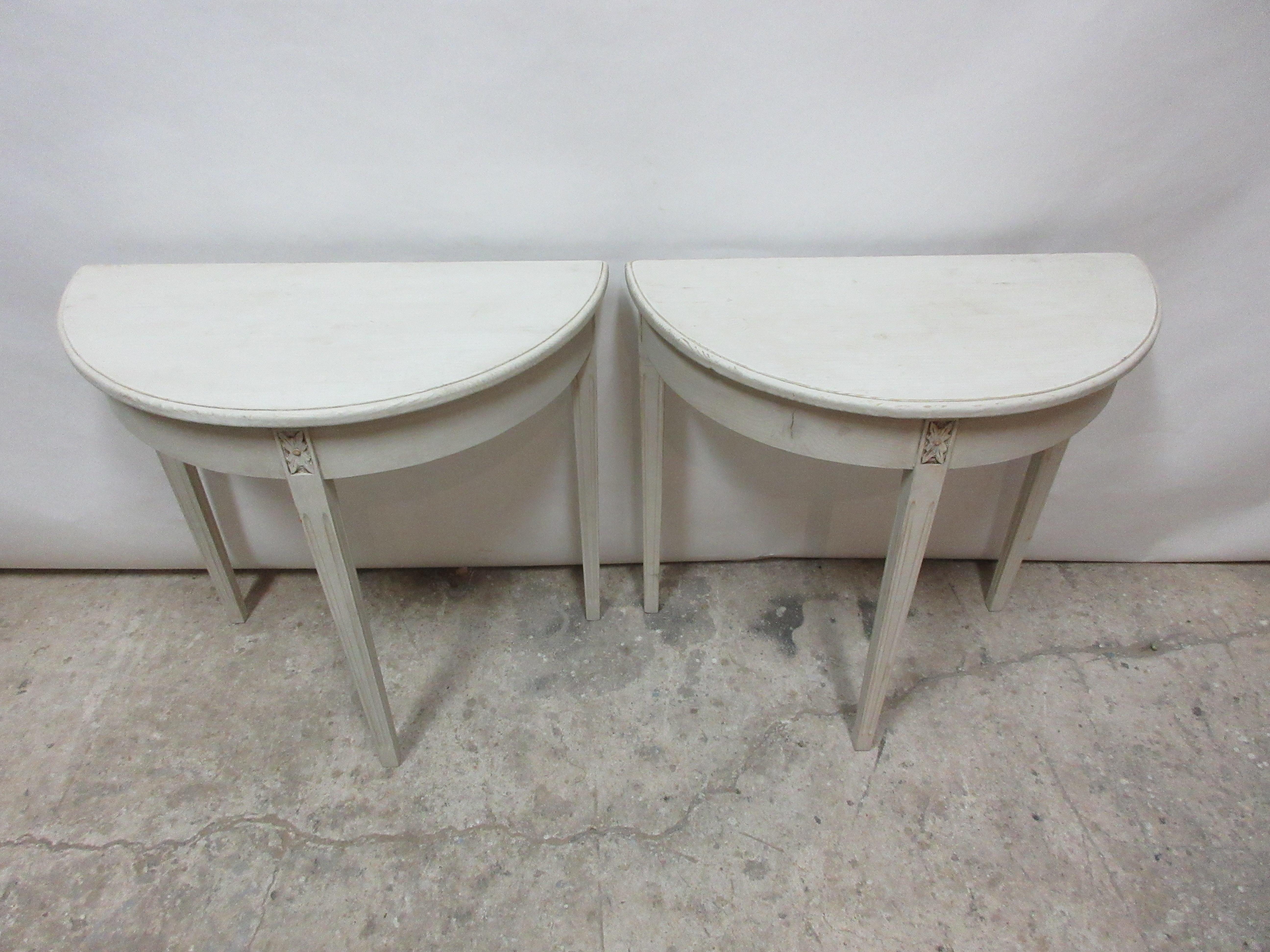 This is a set of 2 Swedish Gustavian console tables. These are new tables that where custom made in Sweden. There painted with milk paints 