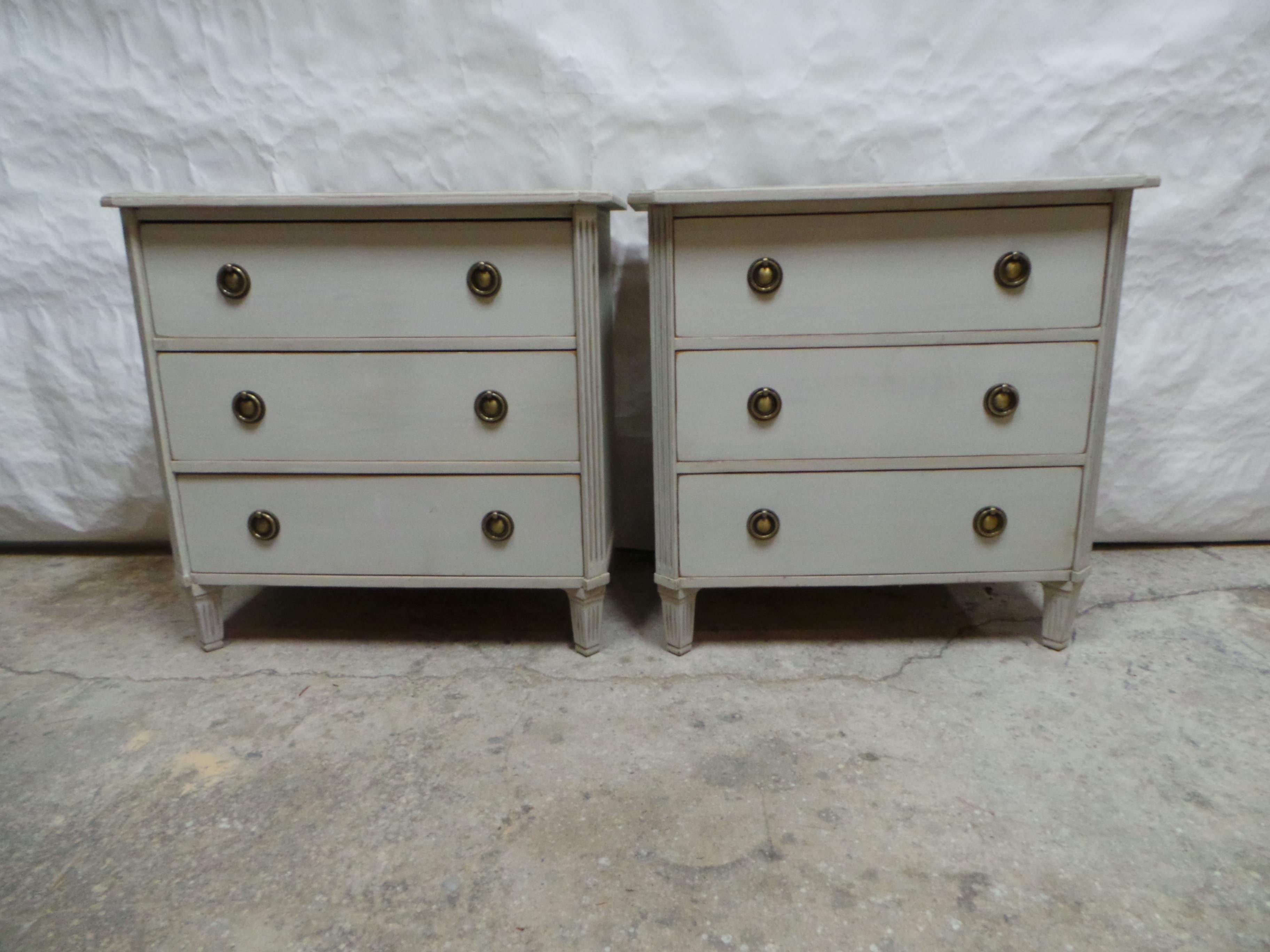 This is a unique set of 2 Swedish Gustavian Style 3 Drawer Chest Of Drawers. they have been restored and repainted with Milk Paints 