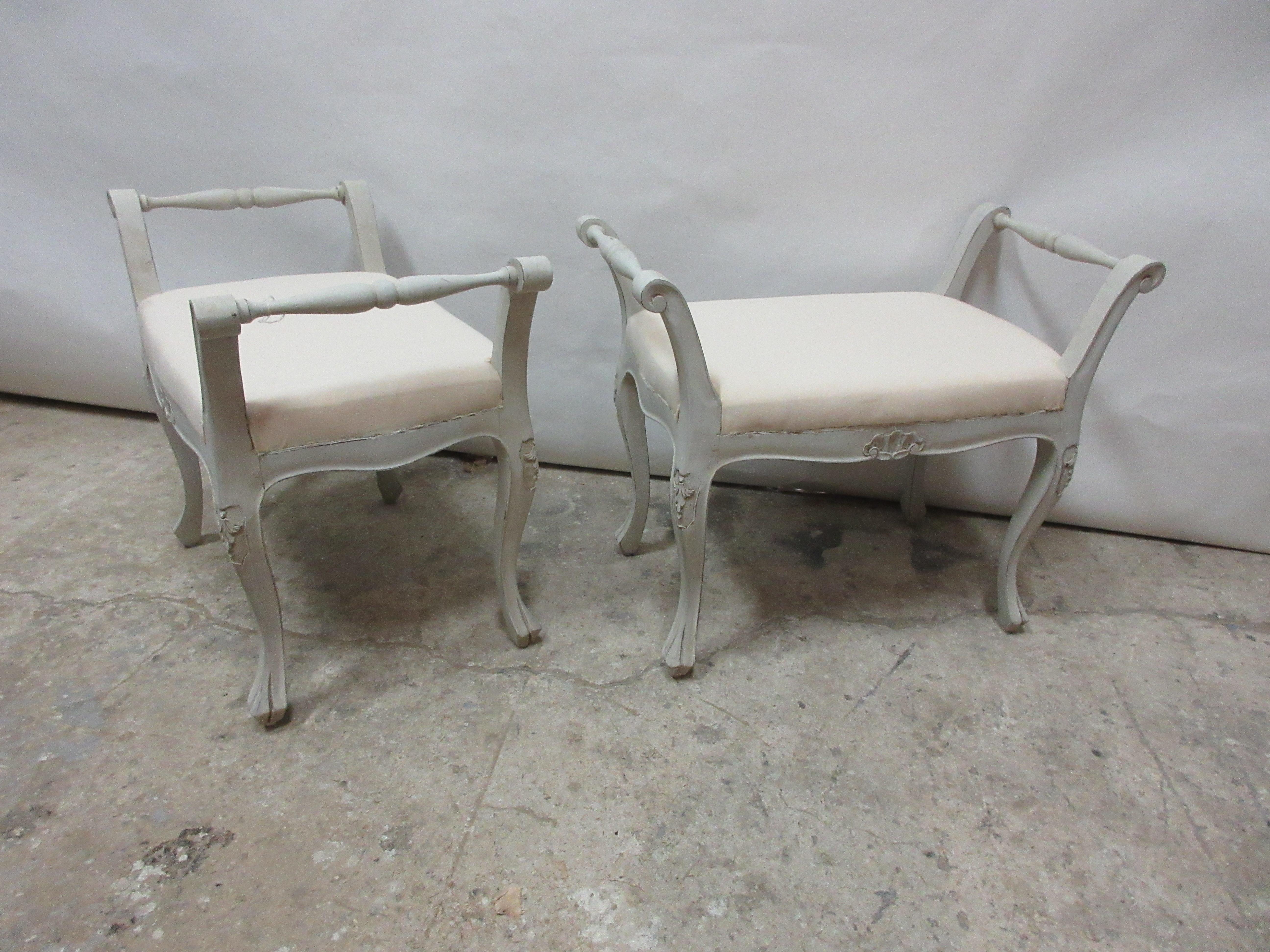 This is a set of 2 Swedish Rococo stools, they have been restored and repainted with Milk paints 