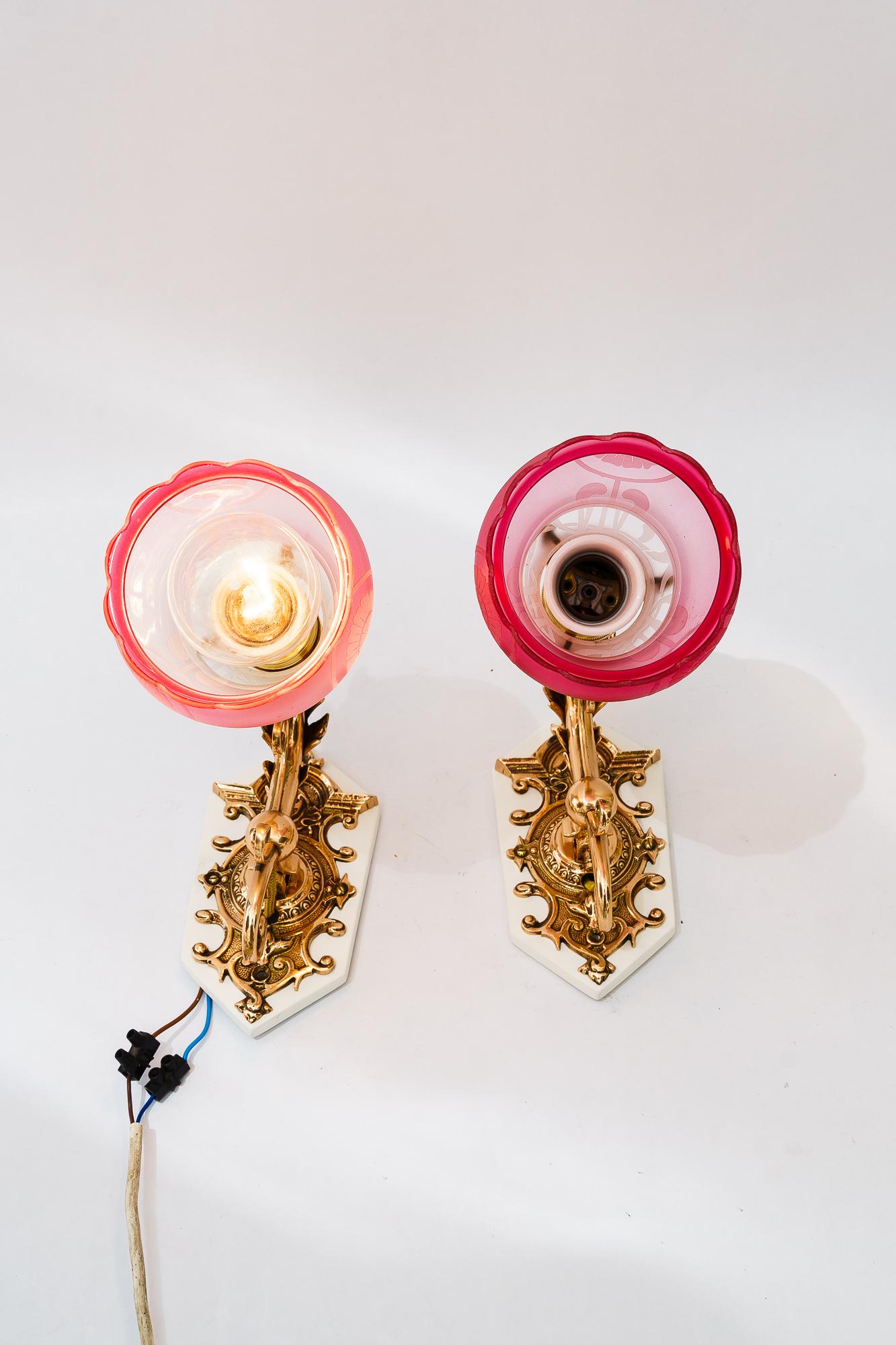 2 swiveling bronze Historistic Wall lamps with glass shades vienna around 1890s For Sale 3