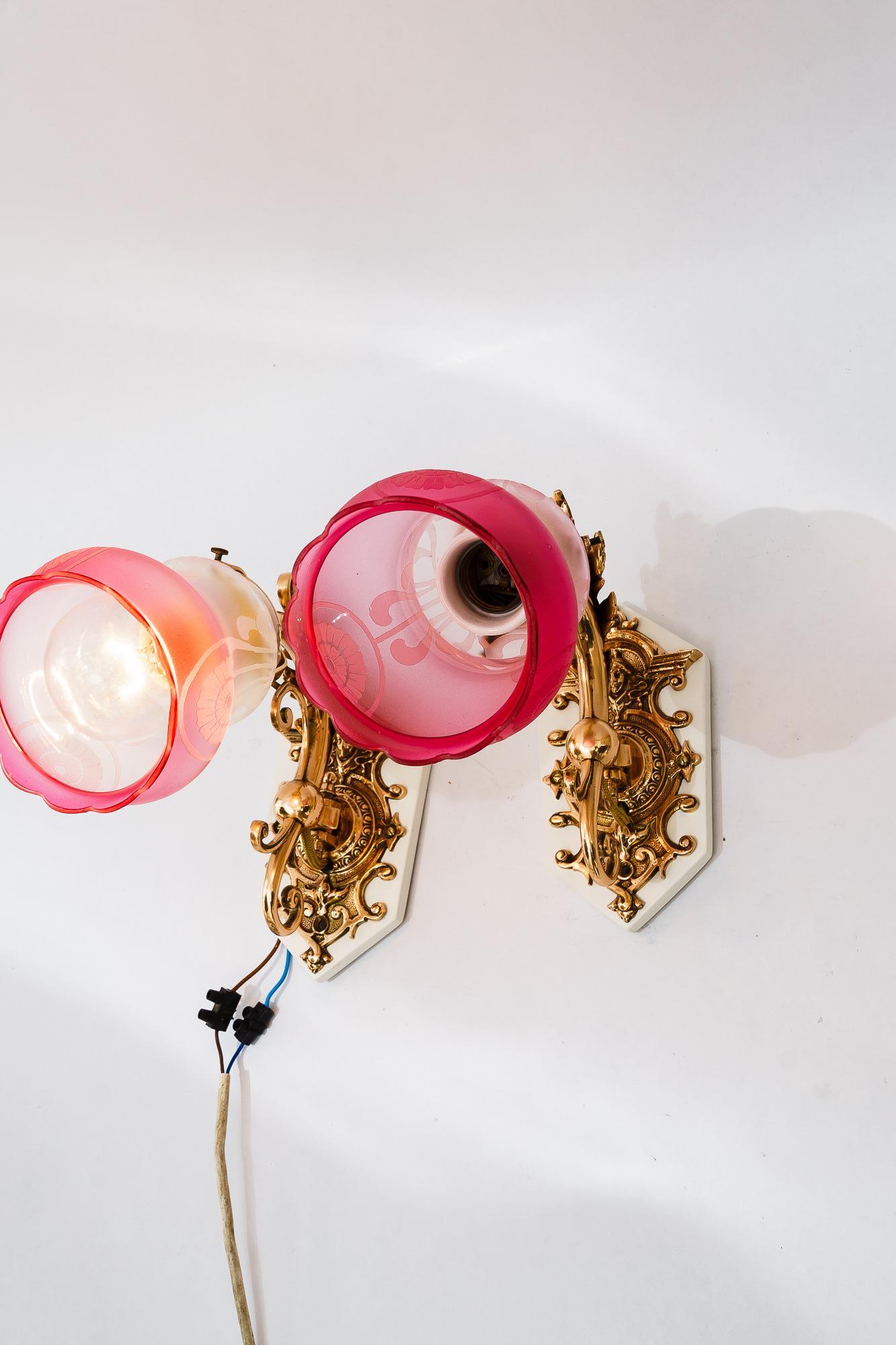 2 swiveling bronze Historistic Wall lamps with glass shades vienna around 1890s For Sale 5