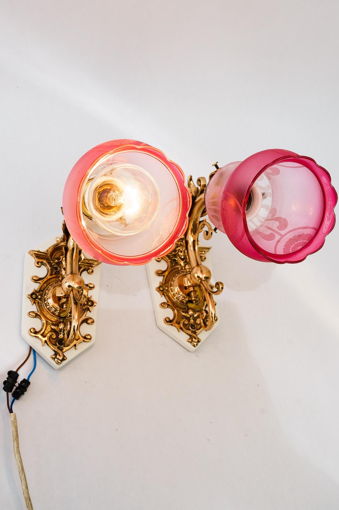 2 swiveling bronze Historistic Wall lamps with glass shades vienna around 1890s For Sale 7