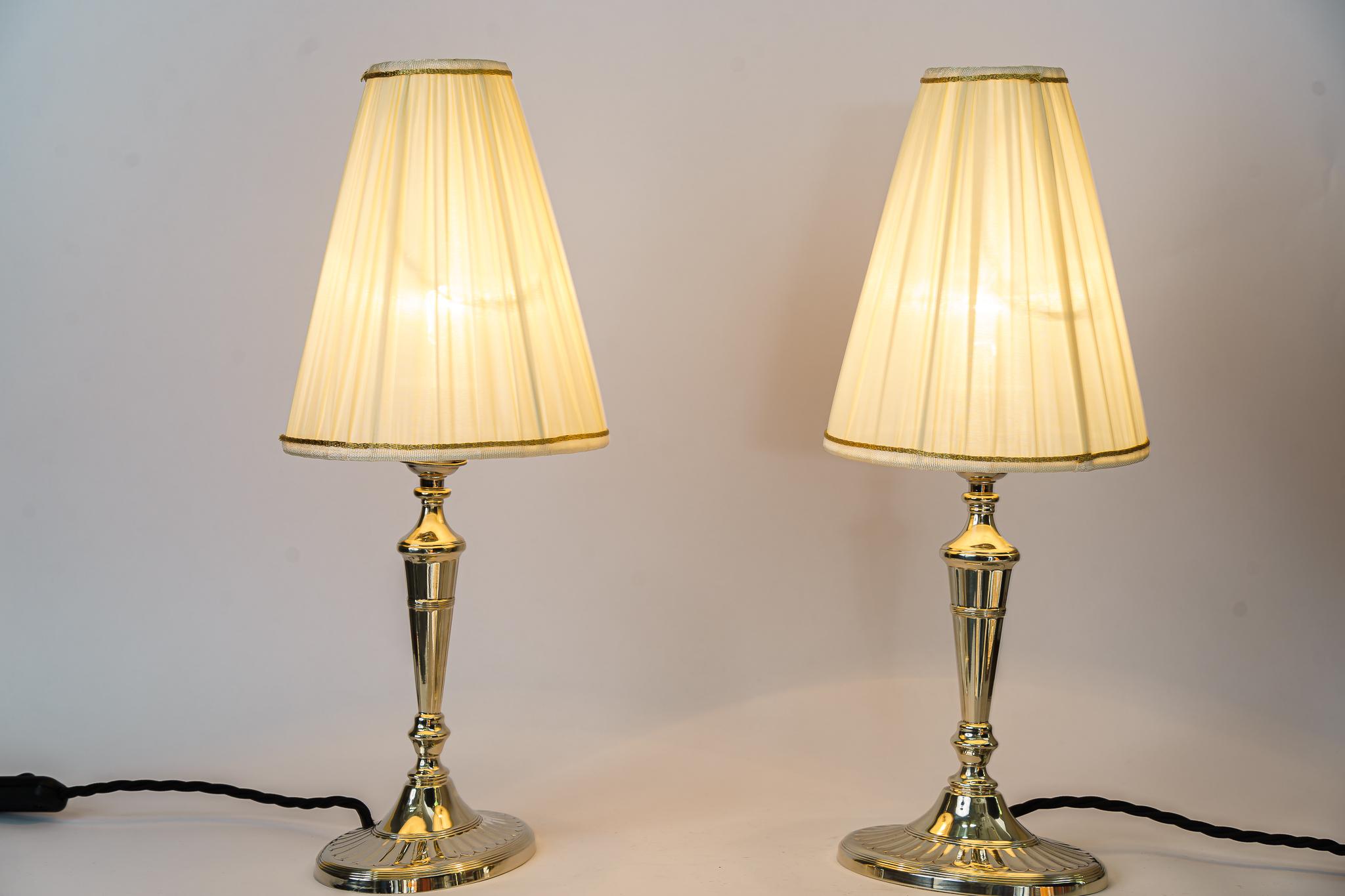 2 Table Lamps Alpaca with Oval Base and Fabric Shades Vienna Around 1920s For Sale 3