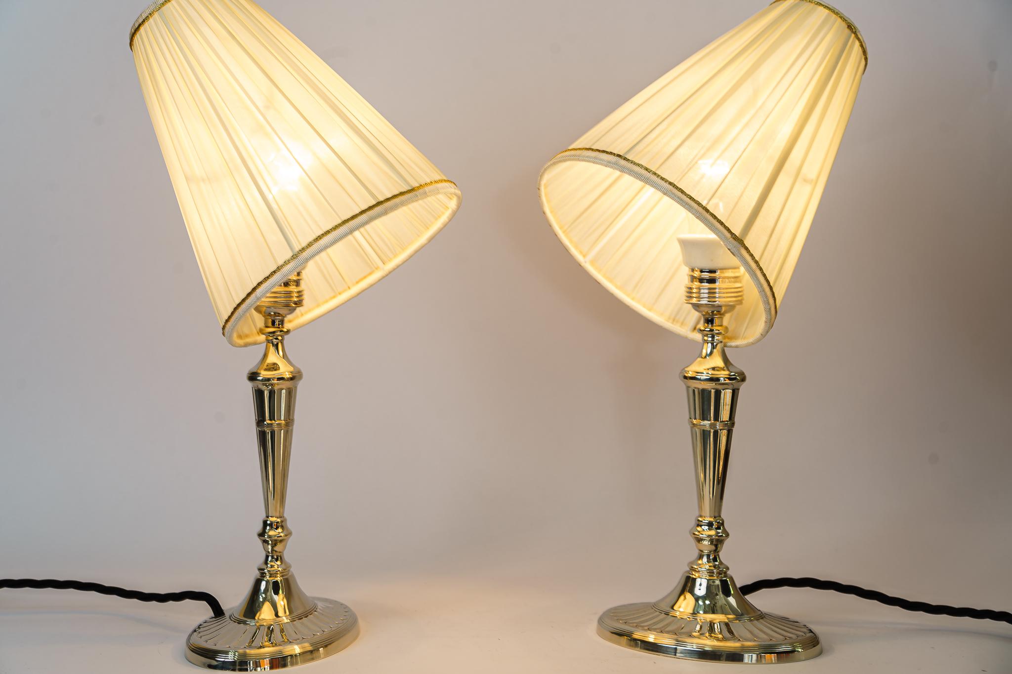 2 Table Lamps Alpaca with Oval Base and Fabric Shades Vienna Around 1920s For Sale 4
