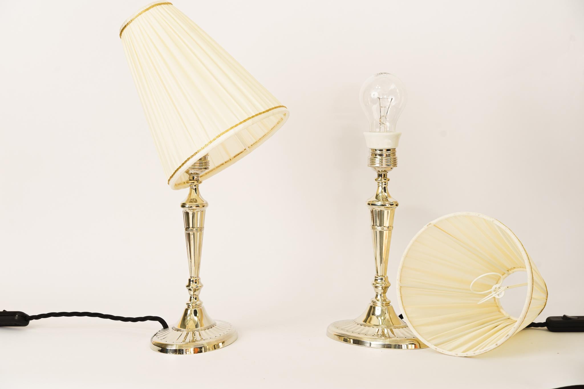 2 Table Lamps Alpaca with Oval Base and Fabric Shades Vienna Around 1920s For Sale 7