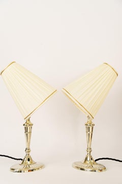 2 Table Lamps Alpaca with Oval Base and Fabric Shades Vienna Around 1920s
