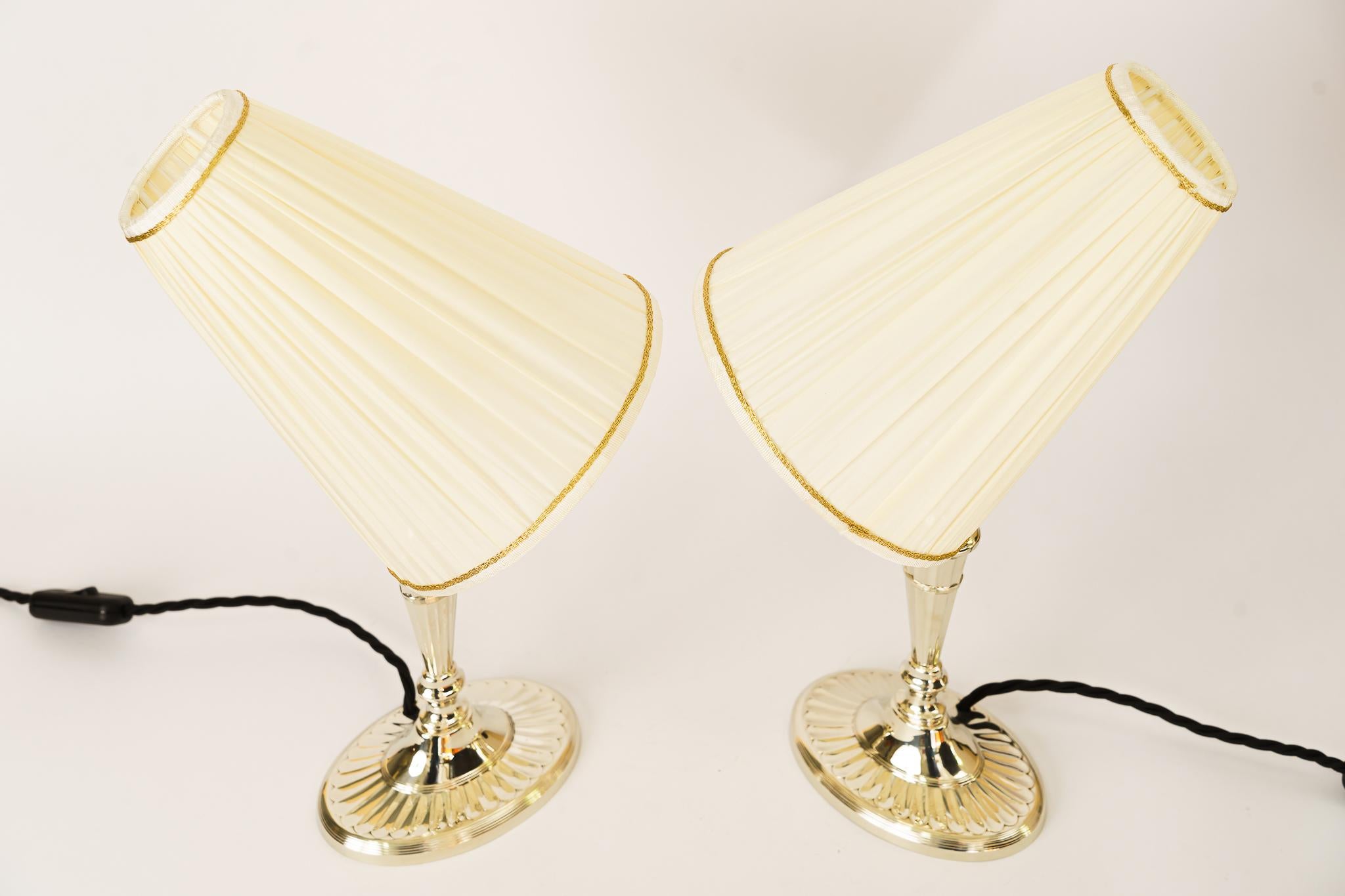Art Deco 2 Table Lamps Alpaca with Oval Base and Fabric Shades Vienna Around 1920s For Sale