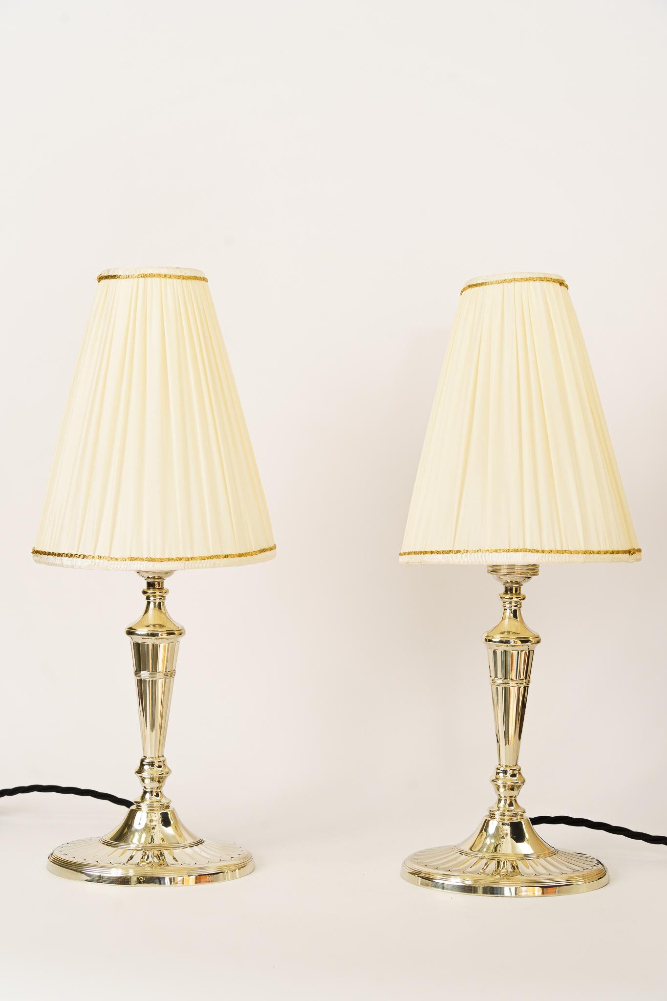 Austrian 2 Table Lamps Alpaca with Oval Base and Fabric Shades Vienna Around 1920s For Sale
