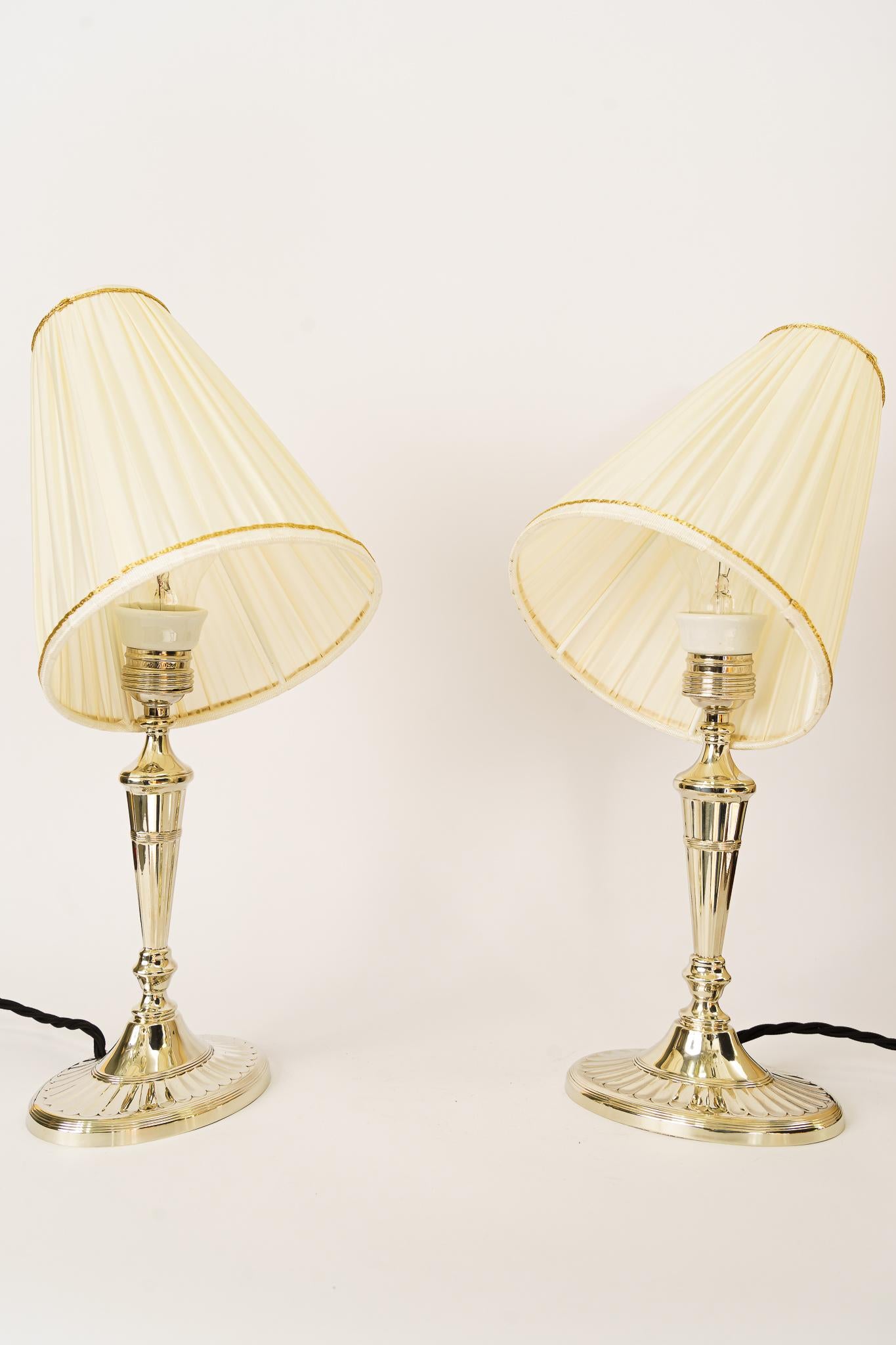 2 Table Lamps Alpaca with Oval Base and Fabric Shades Vienna Around 1920s In Good Condition For Sale In Wien, AT