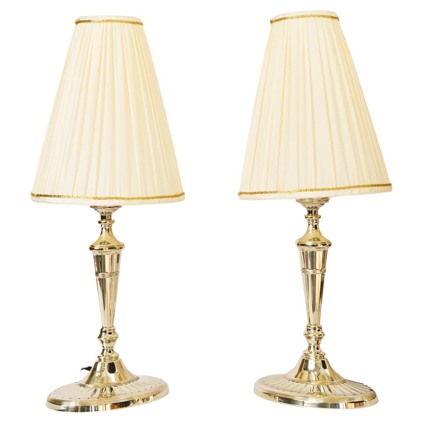 2 Table Lamps Alpaca with Oval Base and Fabric Shades Vienna Around 1920s For Sale