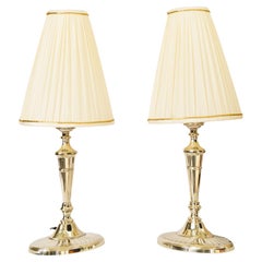 Antique 2 Table Lamps Alpaca with Oval Base and Fabric Shades Vienna Around 1920s