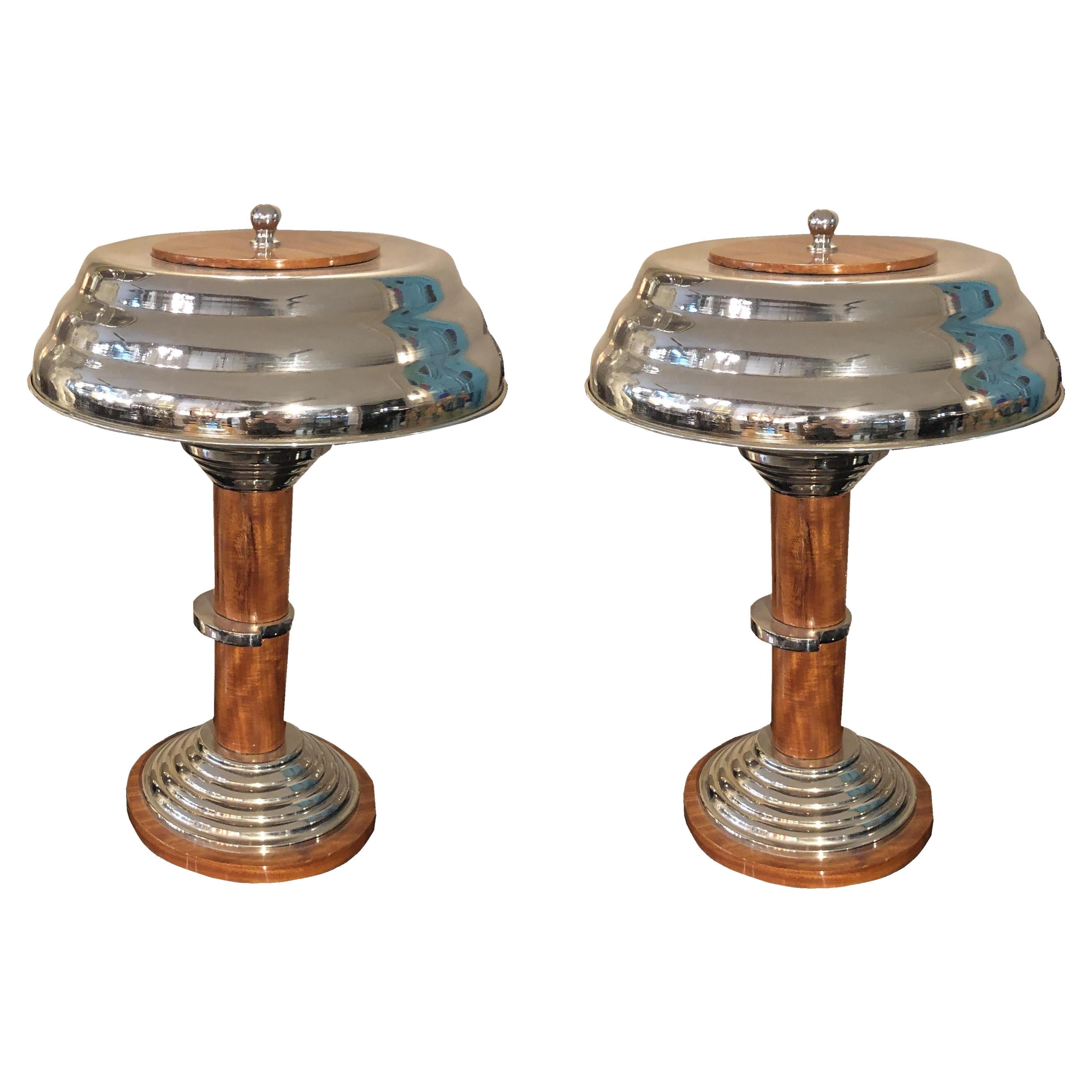 2 Table Lamps, France, 1920, Materials Wood and Chrome, Art Deco For Sale